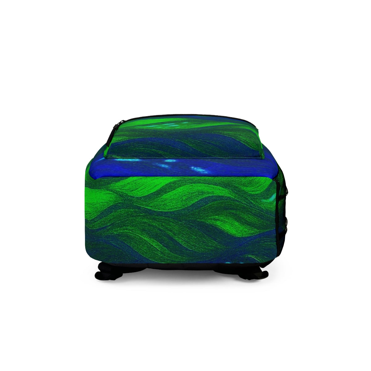 Bottom of the backpack in a gradient of emerald and navy blue, with the wave motif wrapping fully around the base