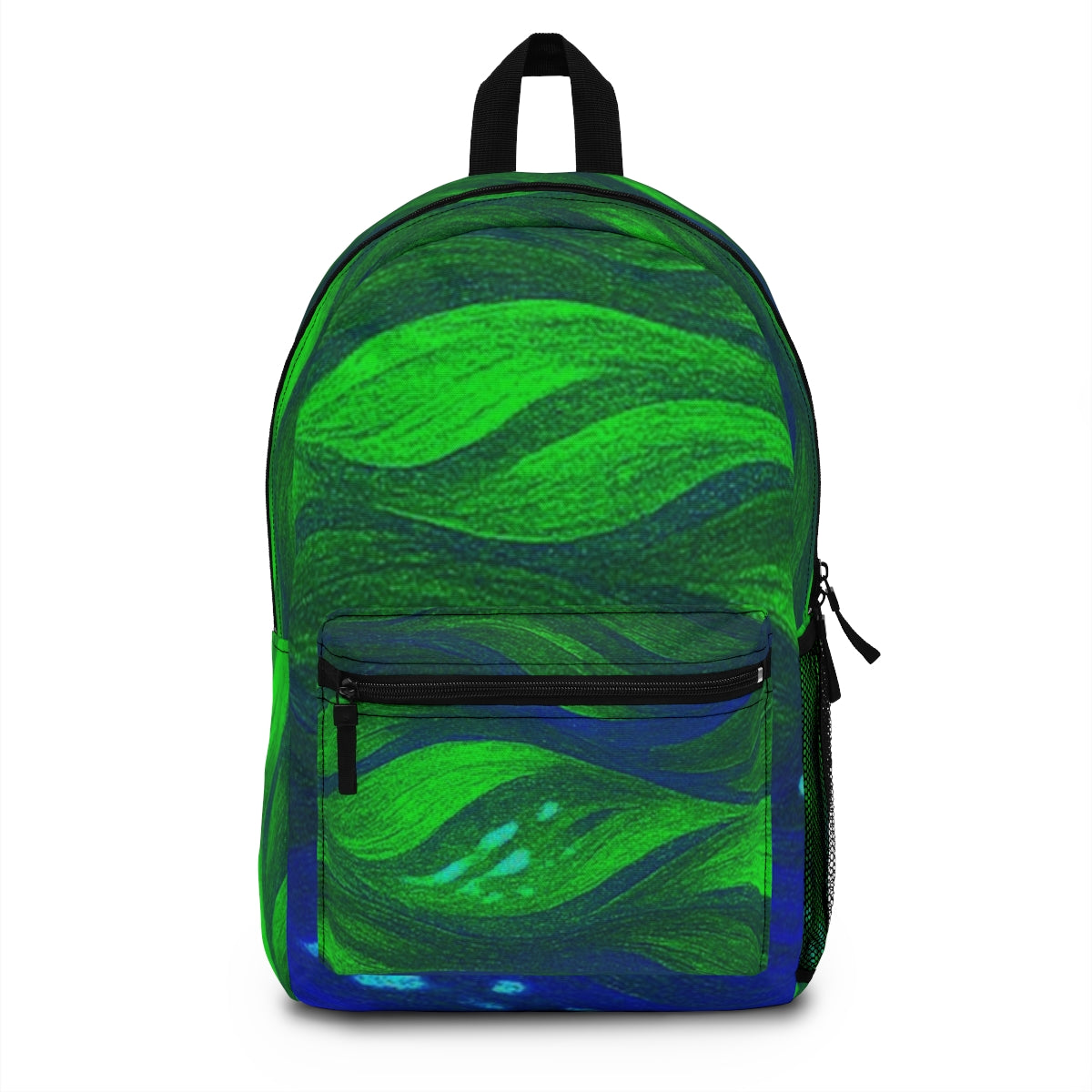 Front of the backpack with vivid green and electric blue wave textures, resembling thermal imaging or digital heatmaps