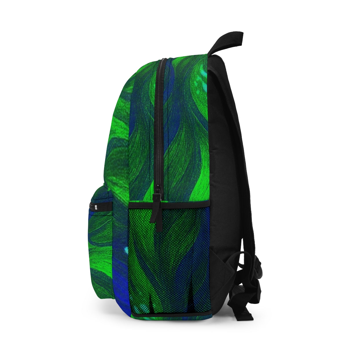 Left side with contrasting bands of green and deep blue, mesh bottle pocket at the lower edge in black