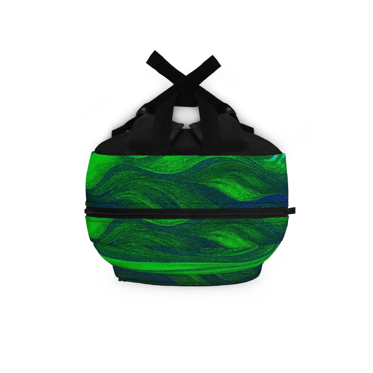 Top view in glowing green and blue tones with visible brush-like patterns, centered black carrying handle above the zip