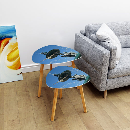 set of 2 triangular coffee tables featuring seagull in flight with Lisbon blue sky in the background