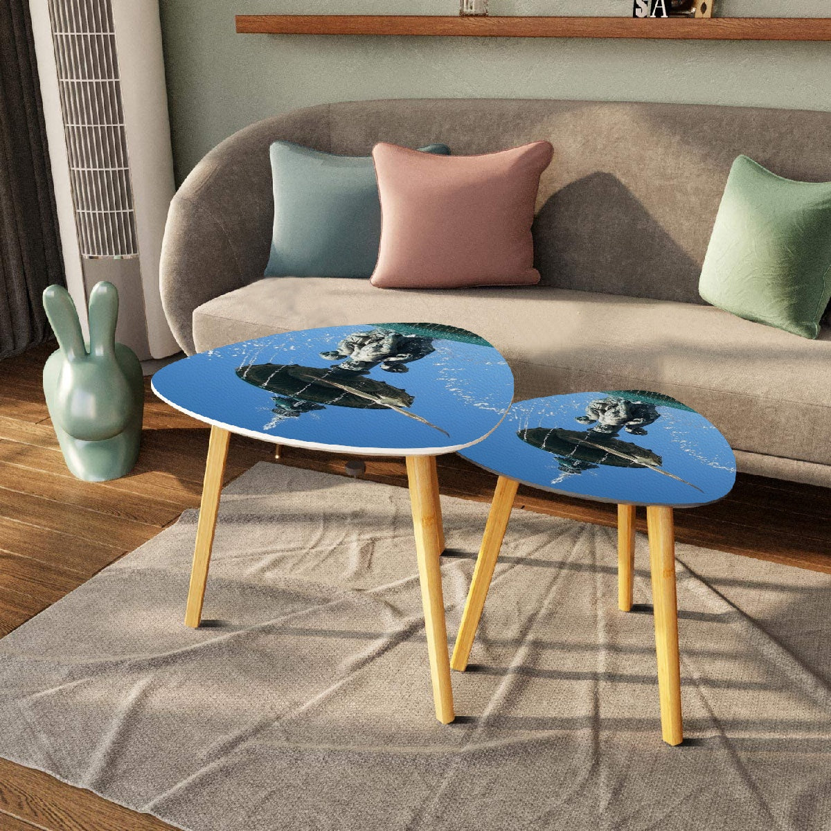set of 2 triangular coffee tables featuring seagull in flight with Lisbon blue sky in the background