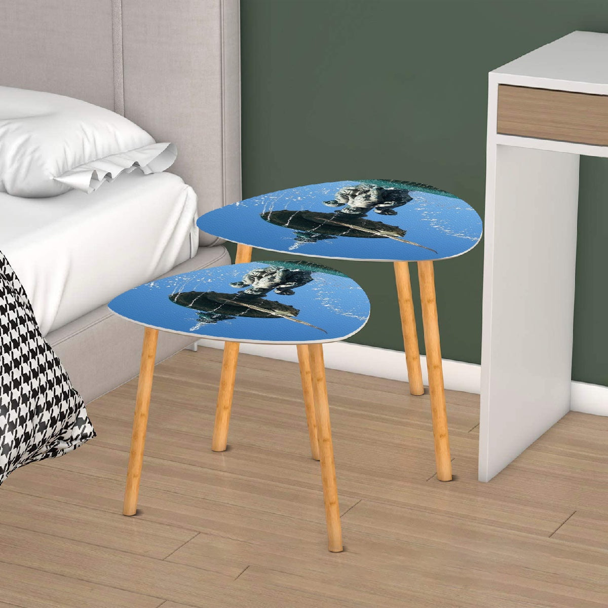 set of 2 triangular coffee tables featuring seagull in flight with Lisbon blue sky in the background