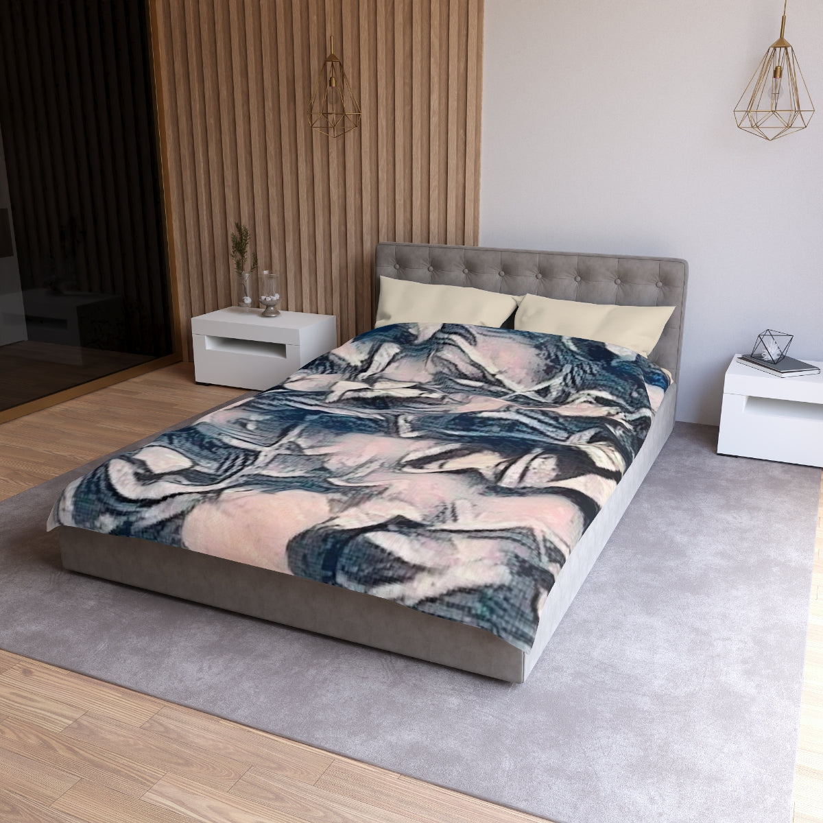 Twin size Slate Lace duvet cover with cream lining, abstract leaf shapes in soft slate blue and pale blush on microfiber