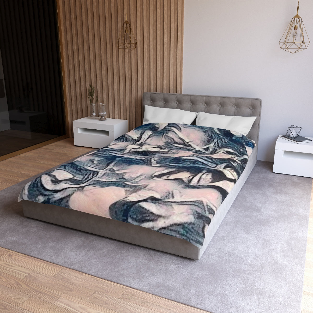 Twin size Slate Lace duvet cover with white lining, abstract leaf shapes in soft slate blue and pale blush on microfiber