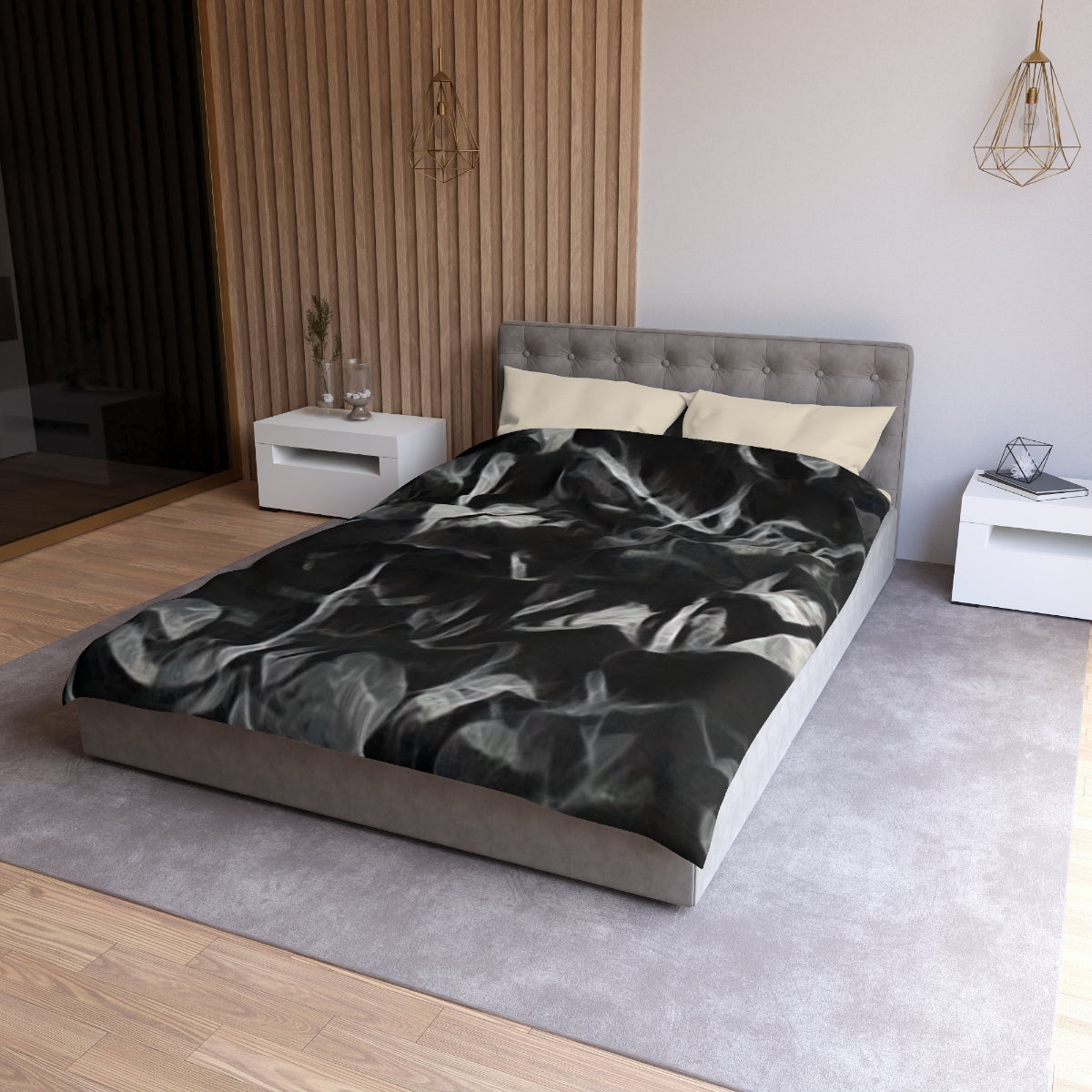 Twin size Sonata in Smoke duvet cover with cream lining, abstract leaf pattern in wispy charcoal and smoky gray on soft microfiber