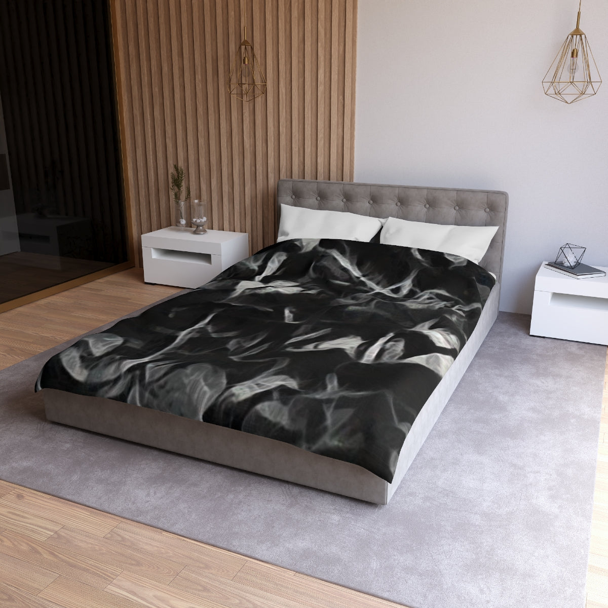 Twin size Sonata in Smoke duvet cover with white lining, abstract leaf pattern in wispy charcoal and smoky gray on soft microfiber
