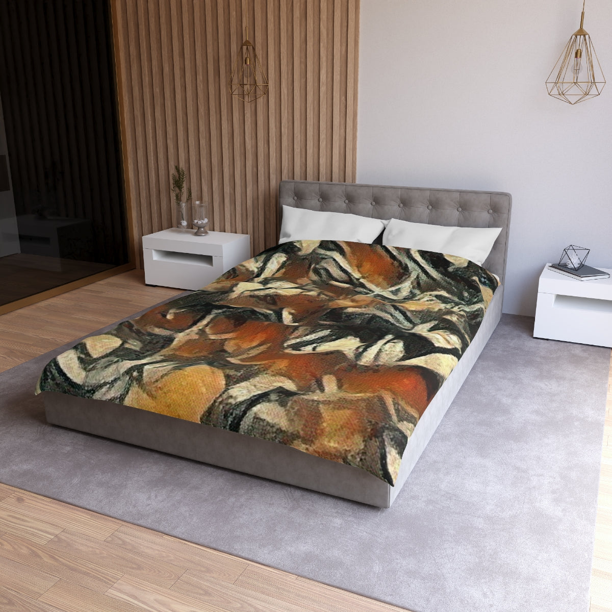 Twin size Terra Cadence duvet cover with white lining, abstract leaf design in rich earth tones with sienna, ochre, and forest green