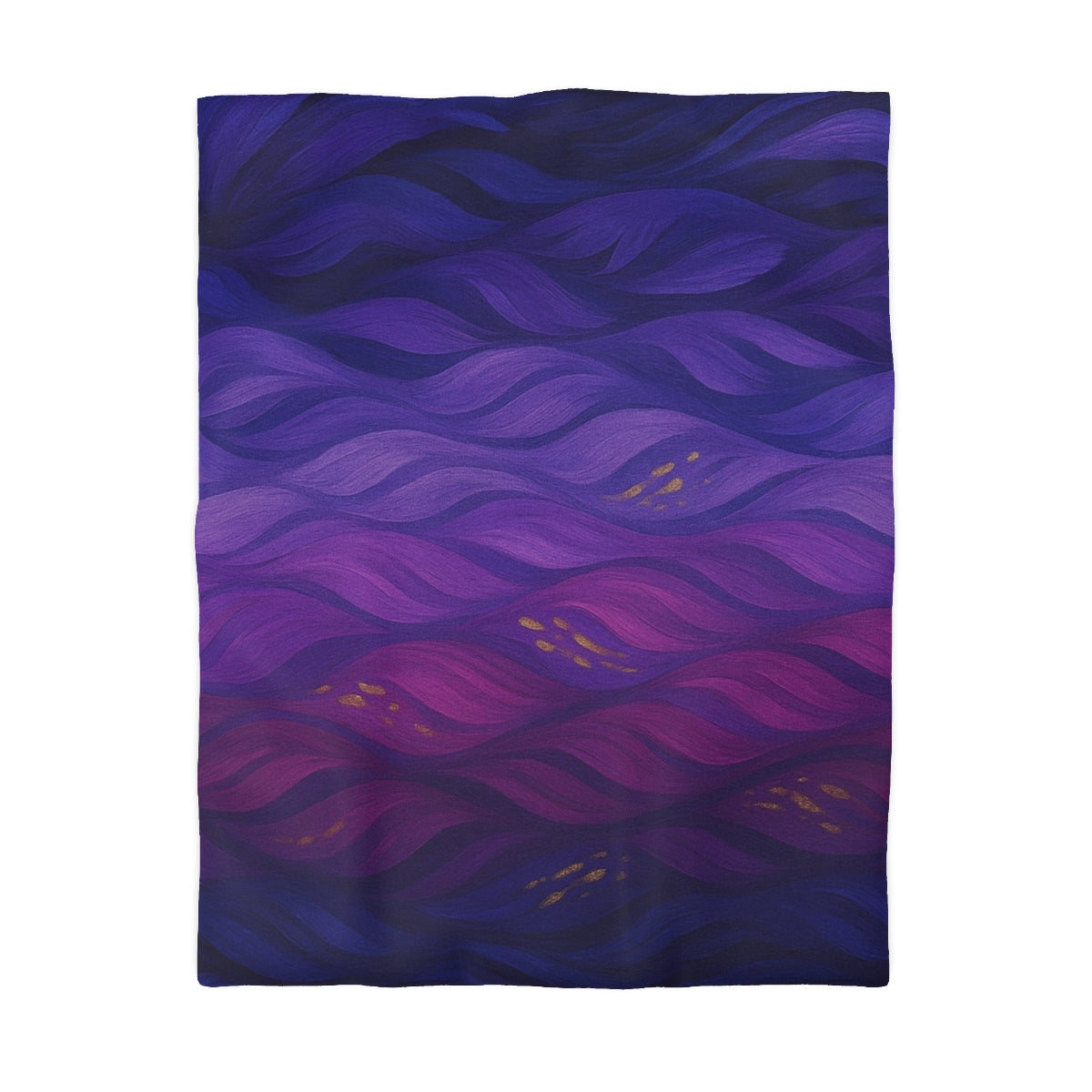 Twin size duvet cover in Full Color with white lining, layered in vivid purples, pinks, and blues with golden accents