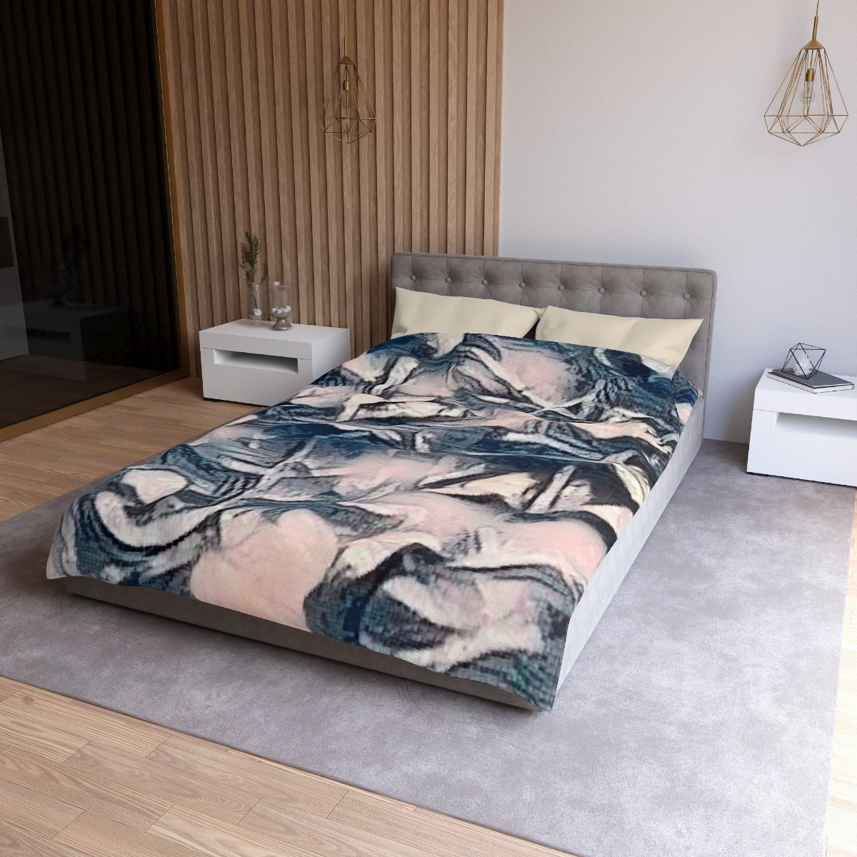 Twin XL size Slate Lace duvet cover with cream lining, delicate painterly pattern in cool grays and warm neutral tones