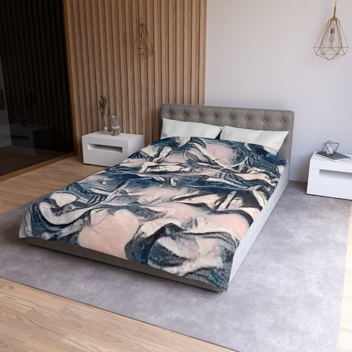 Twin XL size Slate Lace duvet cover with white lining, delicate painterly pattern in cool grays and warm neutral tones