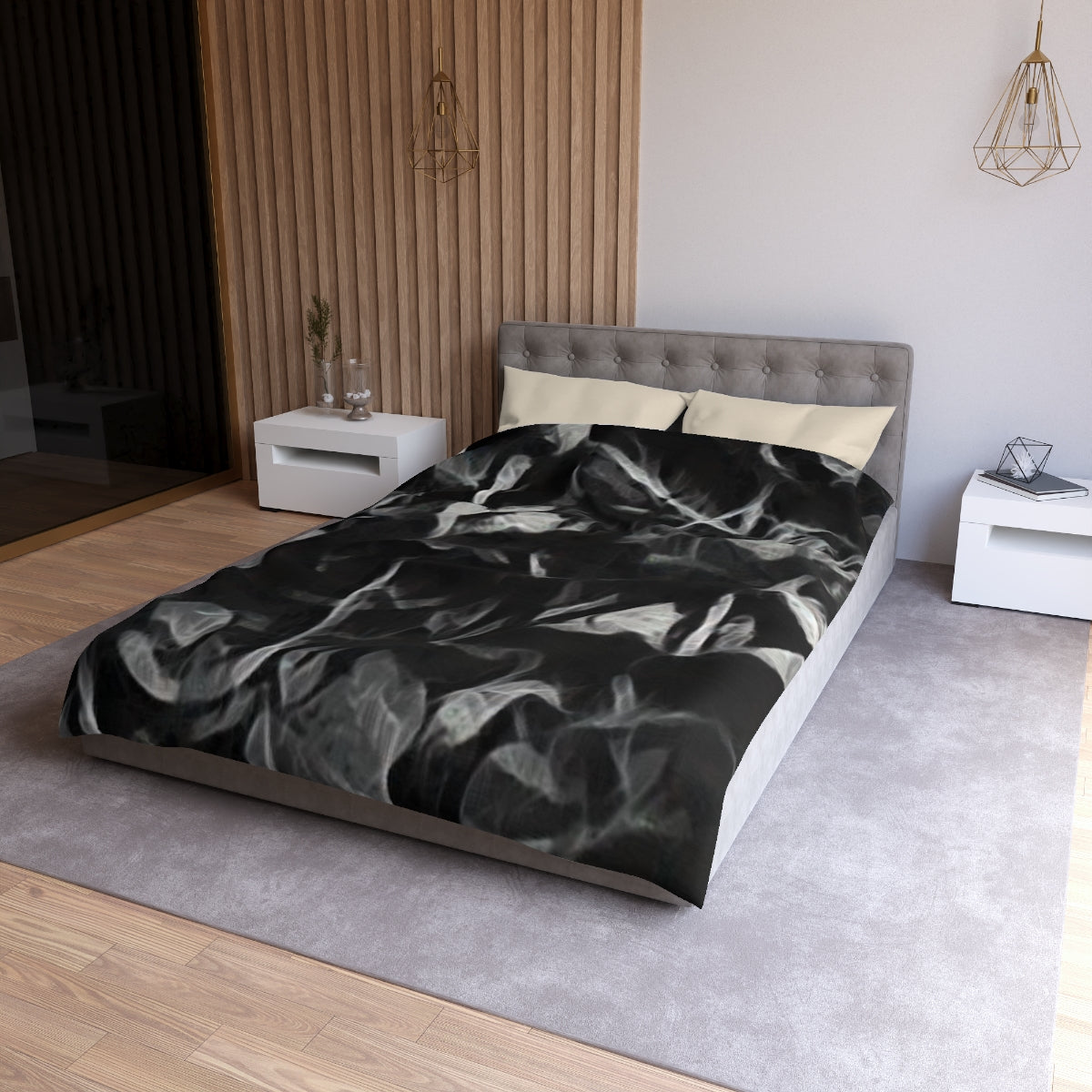 Twin XL size Sonata in Smoke duvet cover with cream lining, delicate painted leaves in drifting black and pale gray shades