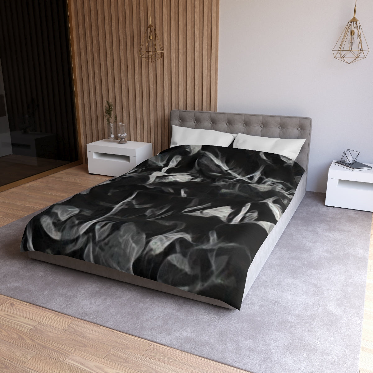 Twin XL size Sonata in Smoke duvet cover with white lining, delicate painted leaves in drifting black and pale gray shades