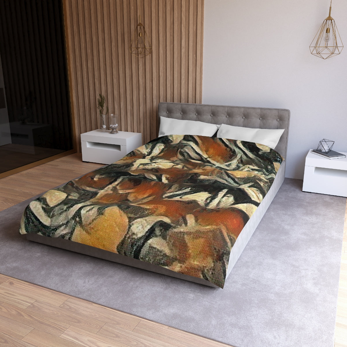 Twin XL size Terra Cadence duvet cover with white lining, painterly bedding with layered strokes of terracotta and moss