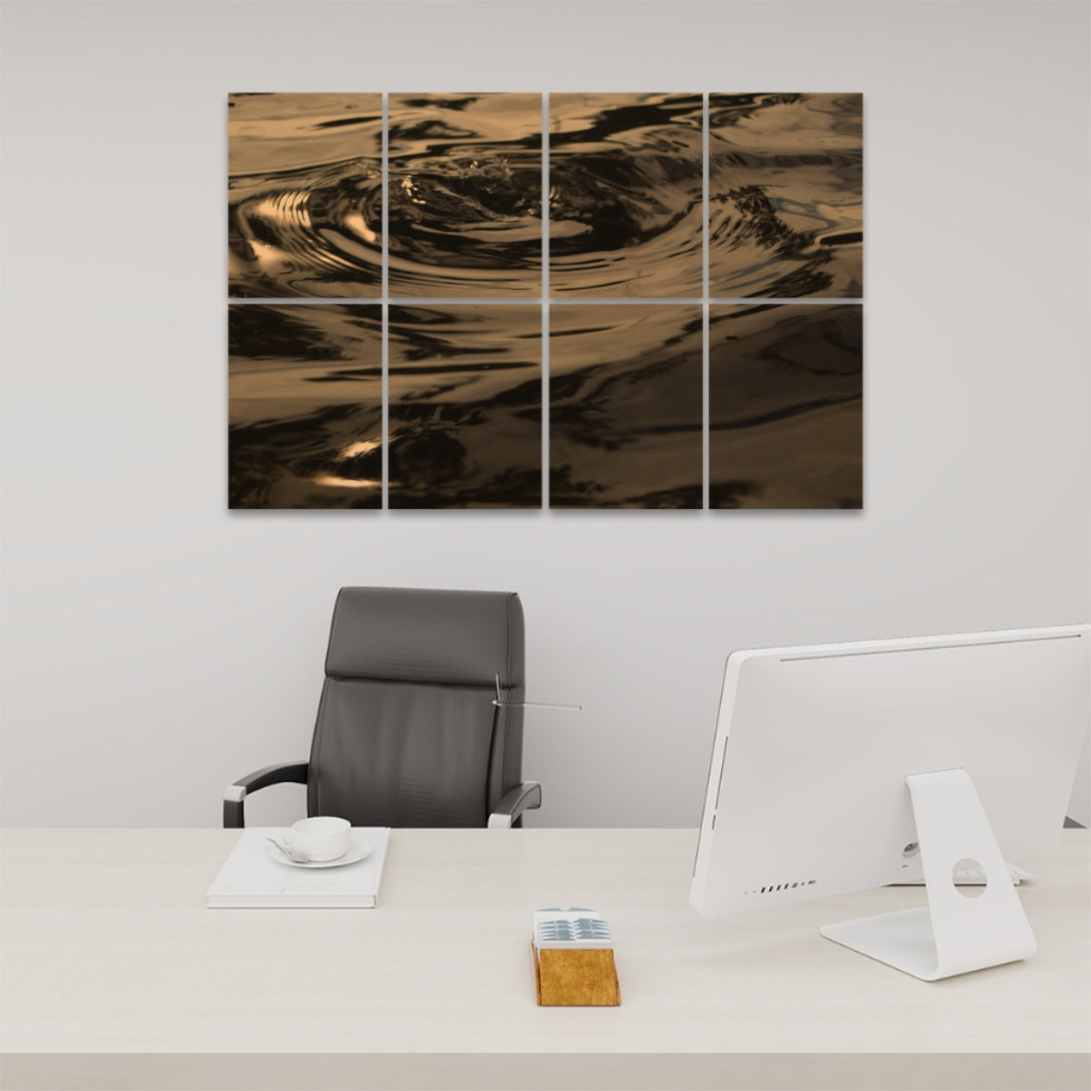 Faded, vintage-inspired version of abstract rippling water art printed on 8 sound absorbing panels with a soft, textured finish.