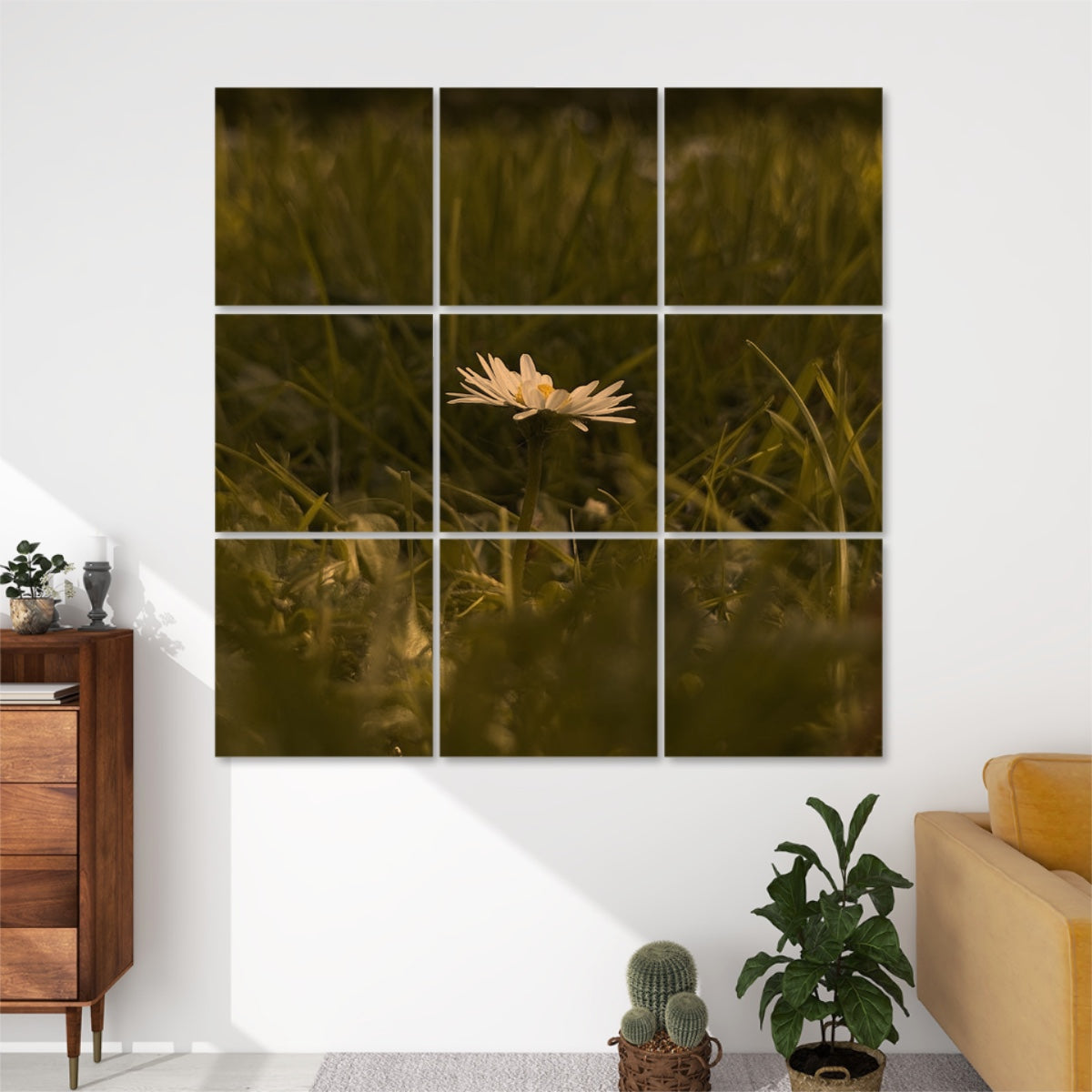 Vintage variant of the daisy and grass scene with muted tones and a softly faded, nostalgic finish arranged across 9 wall panels.