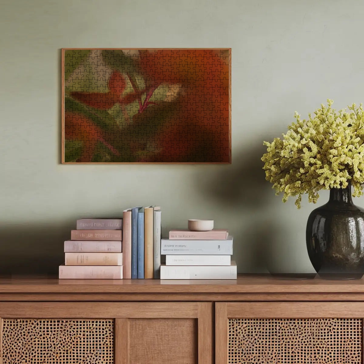 Faded vintage color version of red-green foliage puzzle, dreamy and timeless aestheti