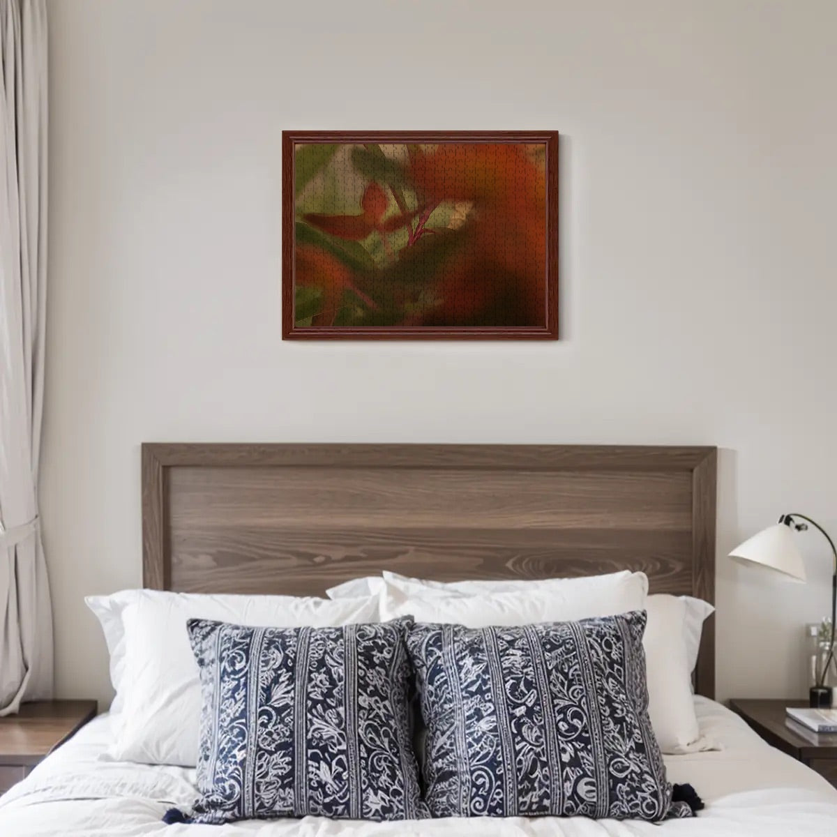 Faded vintage color version of red-green foliage puzzle, dreamy and timeless aesthetic