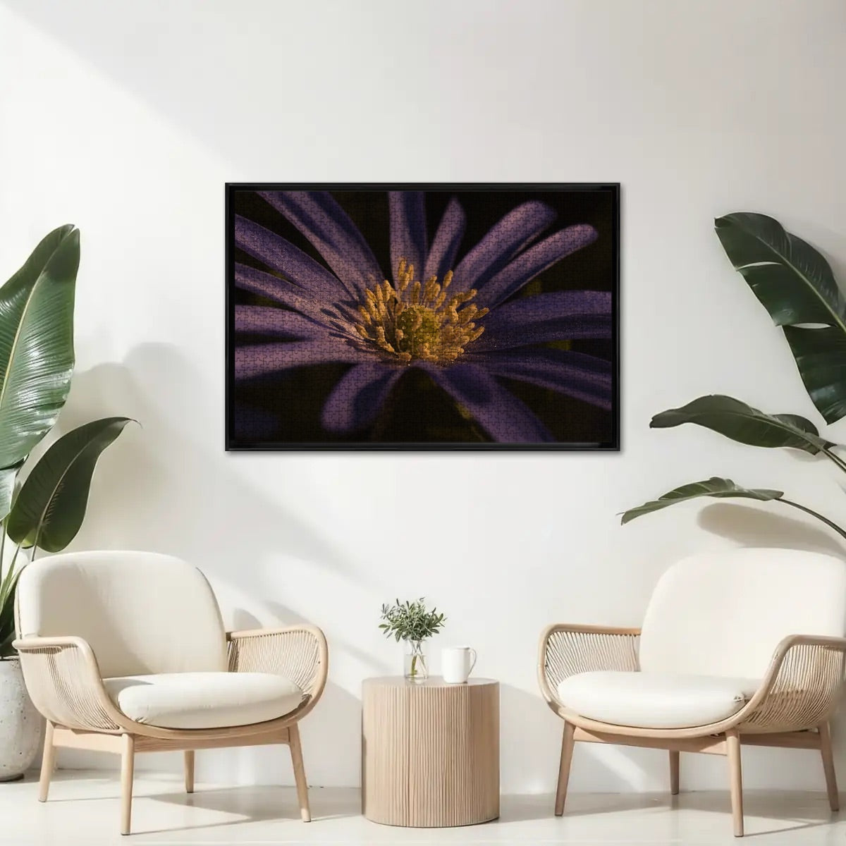 1000-piece wooden jigsaw puzzle featuring a vintage-style purple anemone image with faded tones, size 29.5" x 19.7"