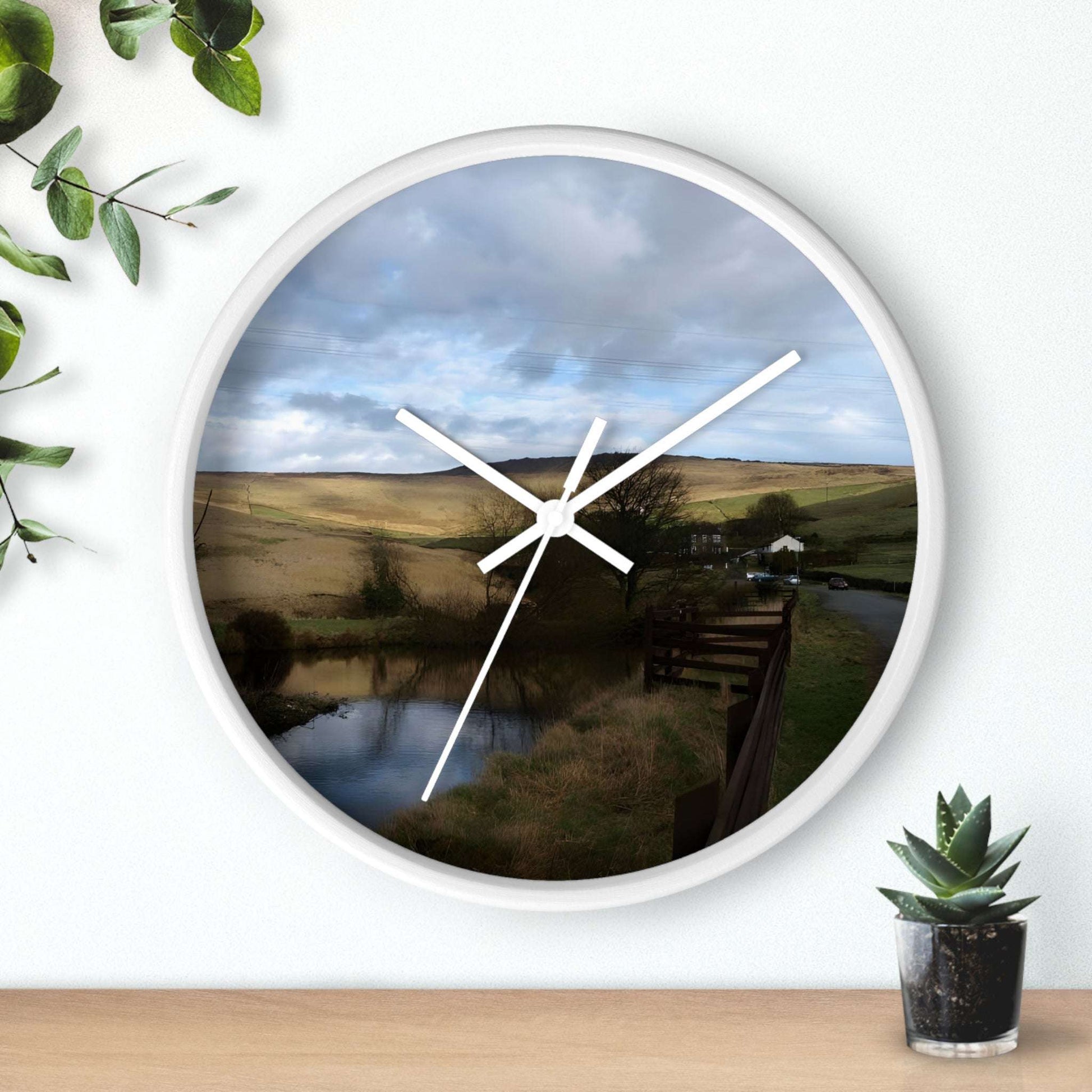Wall Clock featuring British countryside, base: white, handles: white, size: 10''