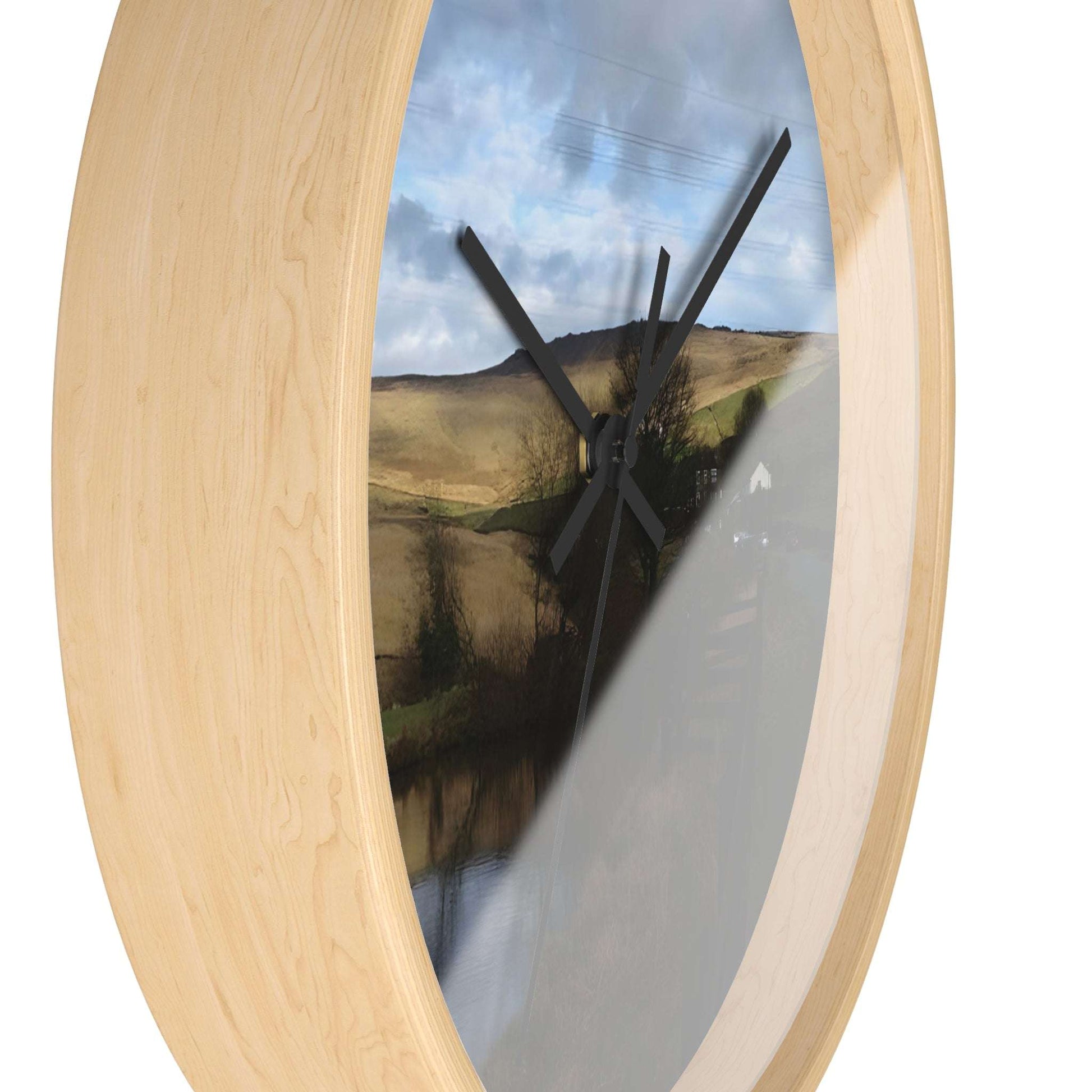 Wall Clock featuring British countryside, base: wooden, handles: black, size: 10''