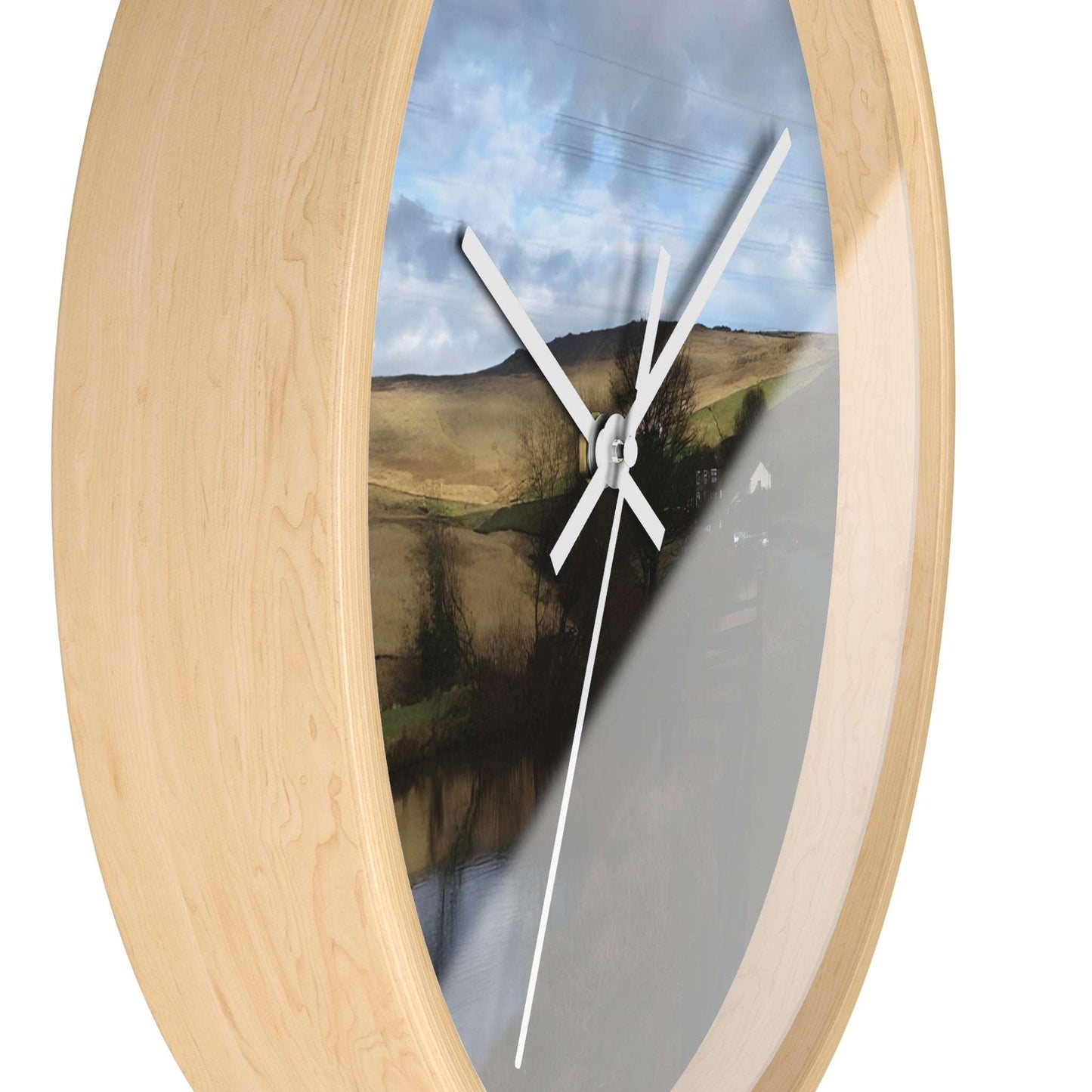 Wall Clock featuring British countryside, base: wooden, handles: white, size: 10''