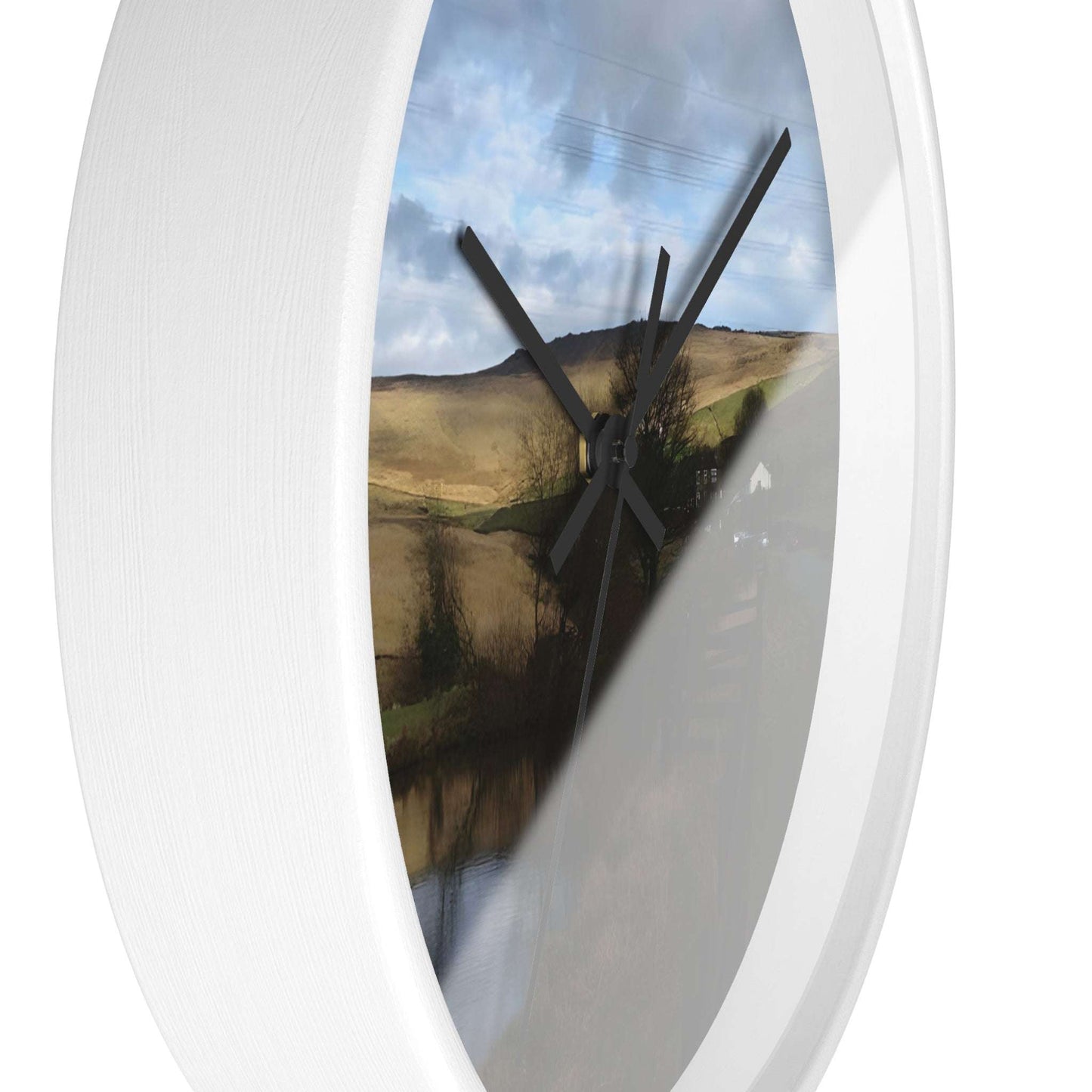 Wall Clock featuring British countryside, base: white, handles: black, size: 10''