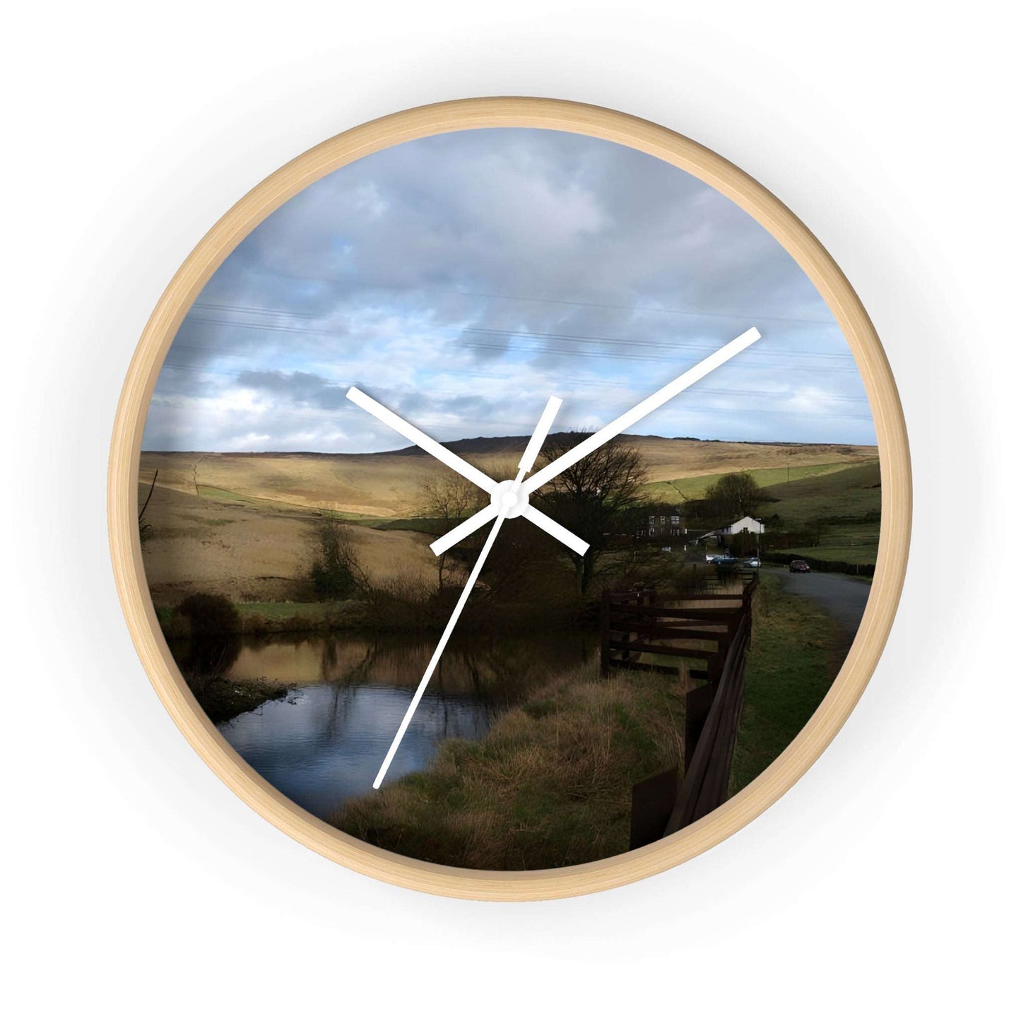 Wall Clock featuring British countryside, base: wooden, handles: white, size: 10''