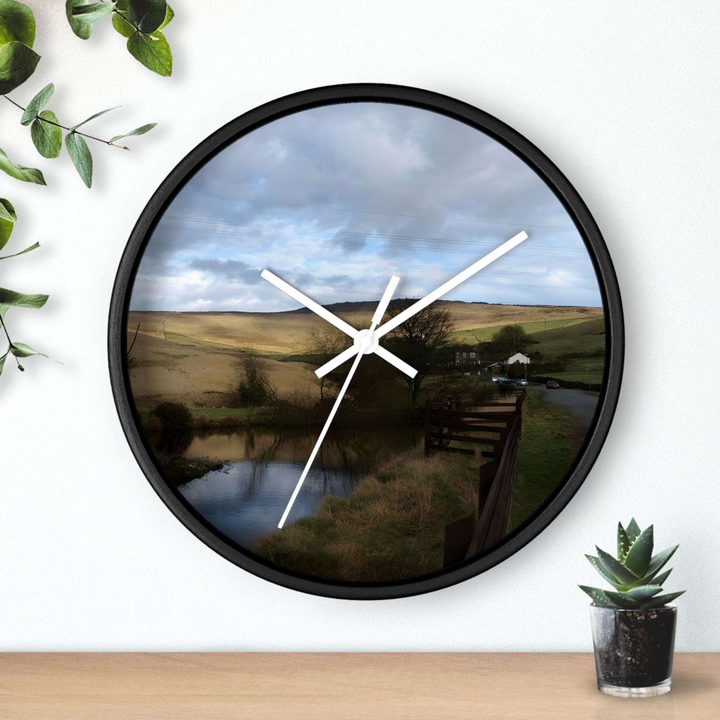 Wall Clock featuring British countryside, base: black, handles: white, size: 10''