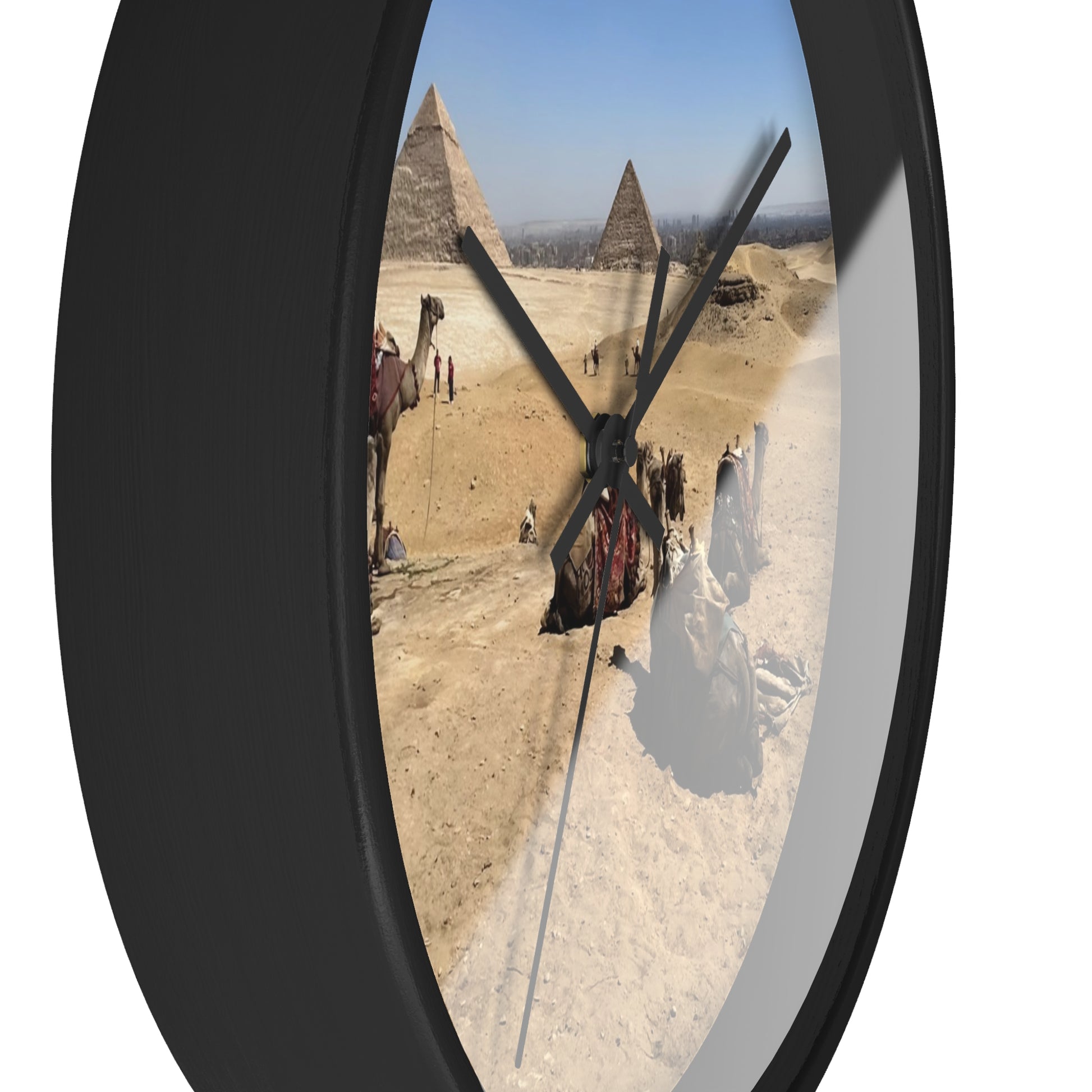 wall clock featuring camels resting in front of Pyramids of Giza, base: black, handles: black, size: 10''