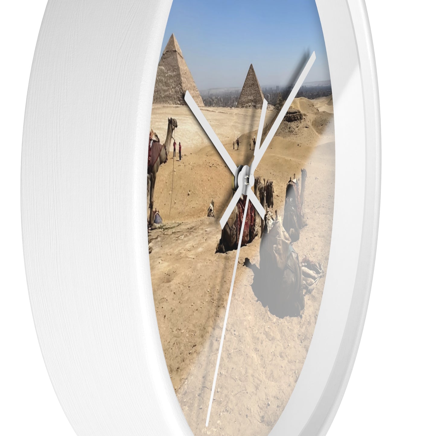 wall clock featuring camels resting in front of Pyramids of Giza, base: white, handles: white, size: 10''