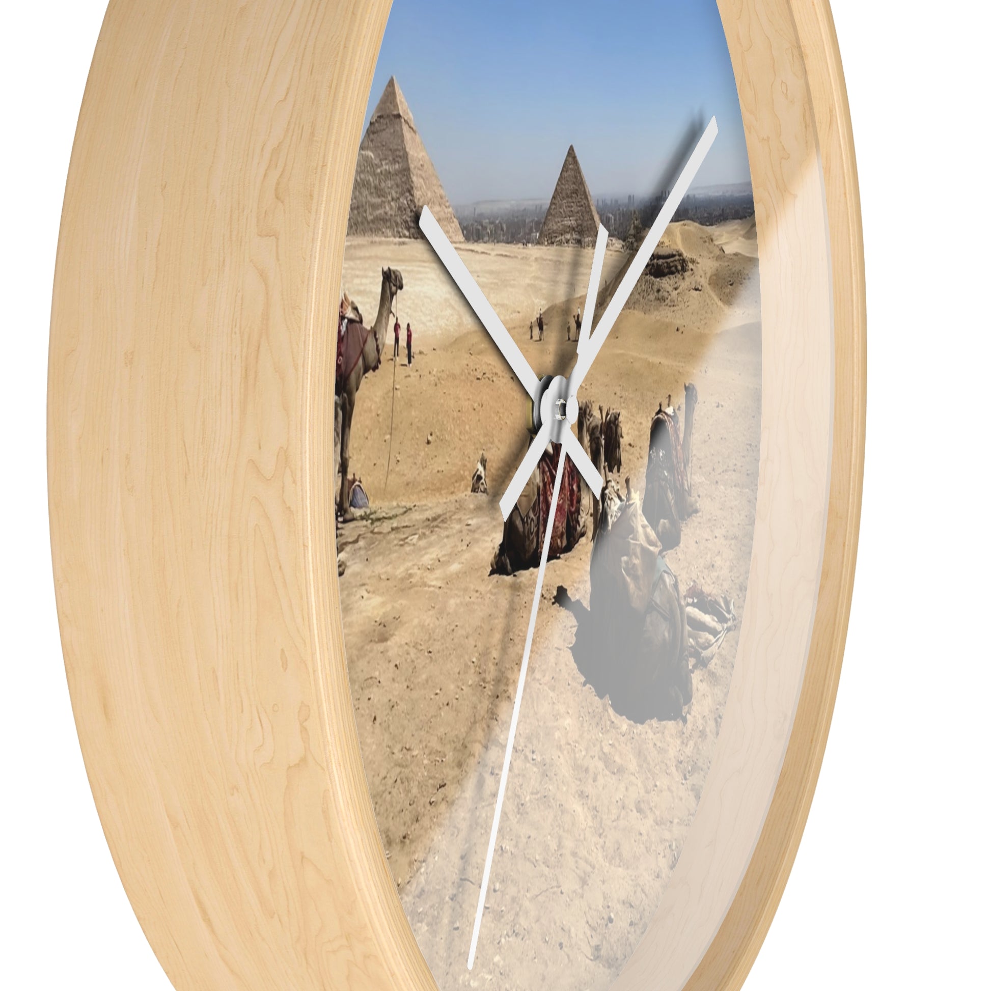 wall clock featuring camels resting in front of Pyramids of Giza, base: wooden, handles: white, size: 10''