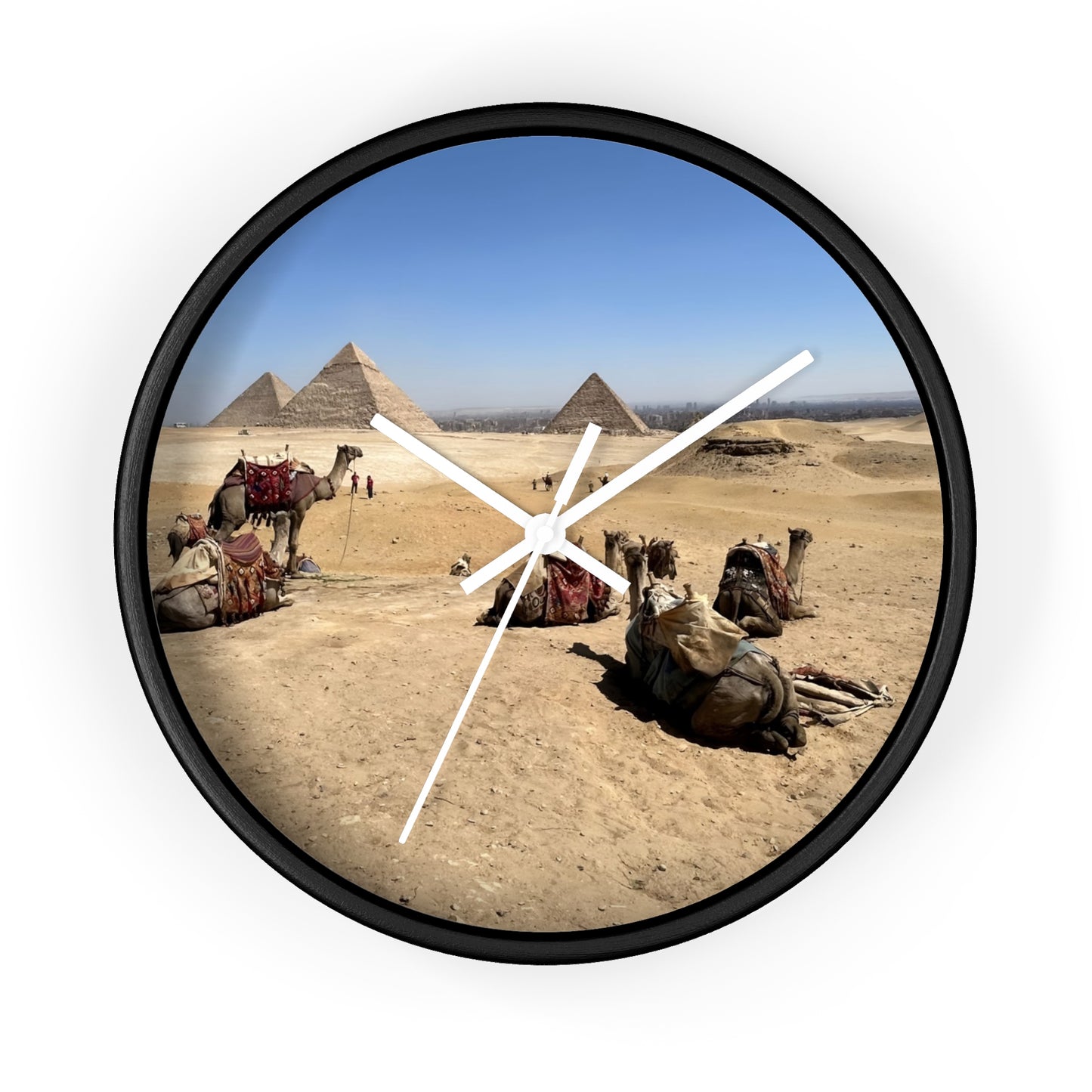 wall clock featuring camels resting in front of Pyramids of Giza, base: black, handles: white, size: 10''