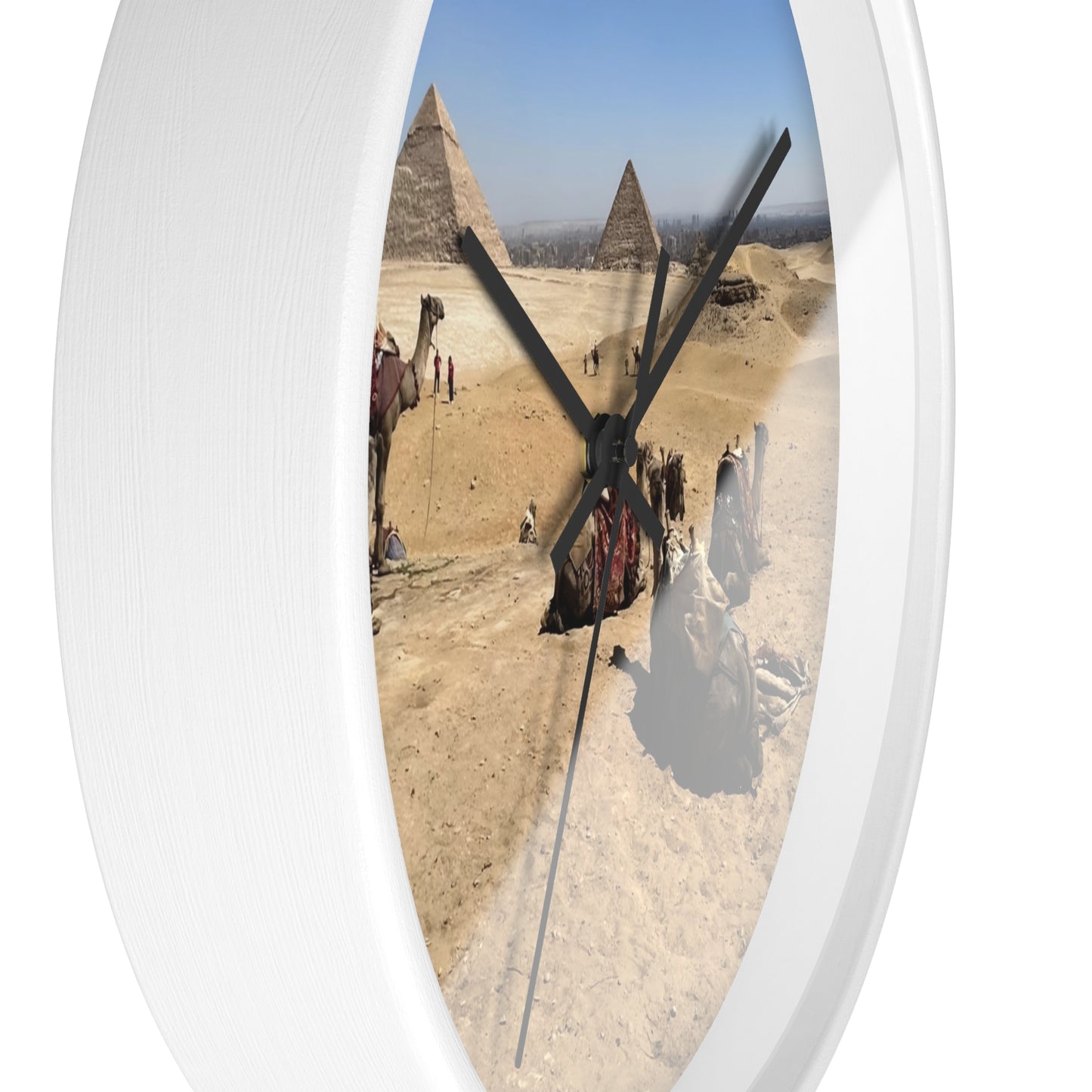 wall clock featuring camels resting in front of Pyramids of Giza, base: white, handles: black, size: 10''