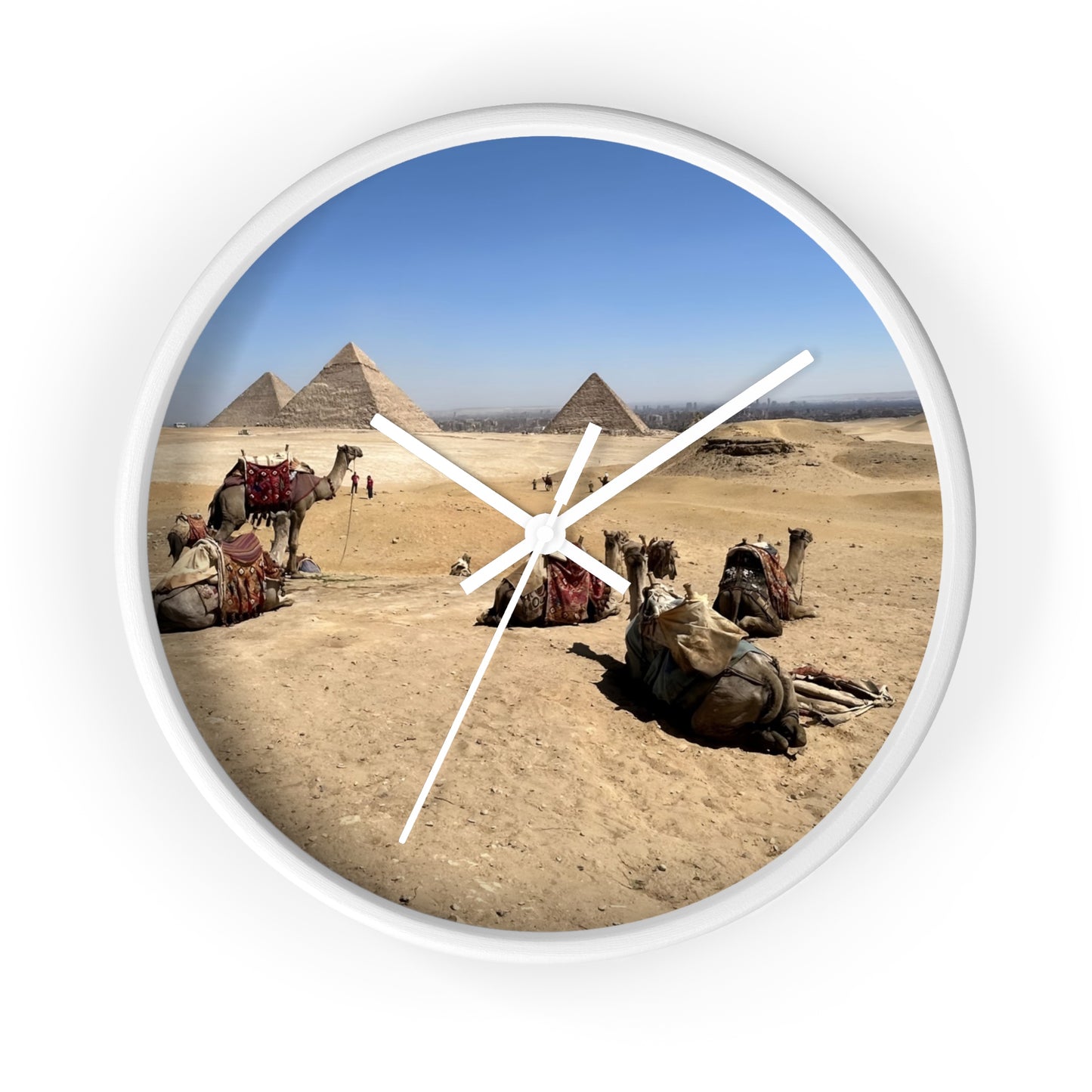 wall clock featuring camels resting in front of Pyramids of Giza, base: white, handles: white, size: 10''