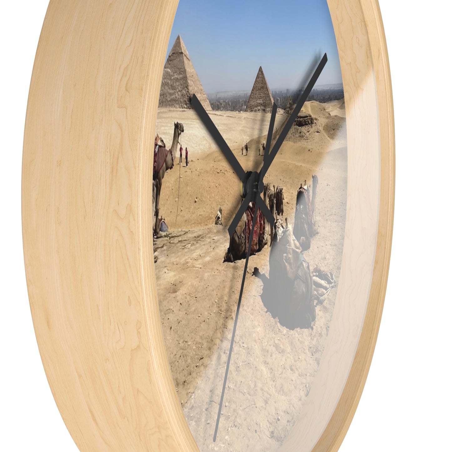 wall clock featuring camels resting in front of Pyramids of Giza, base: wooden, handles: black, size: 10''