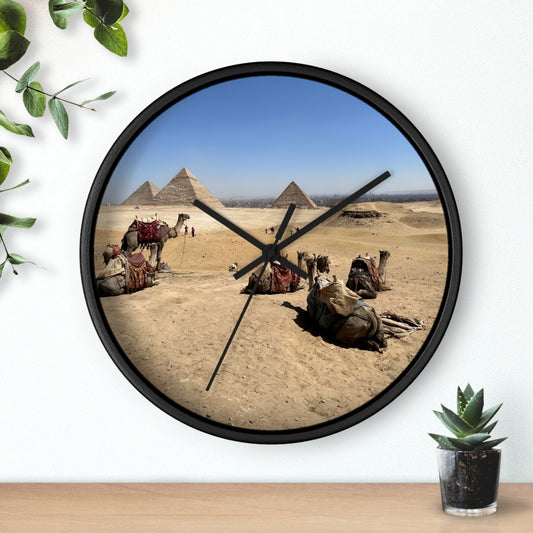 wall clock featuring camels resting in front of Pyramids of Giza, base: black, handles: black, size: 10''