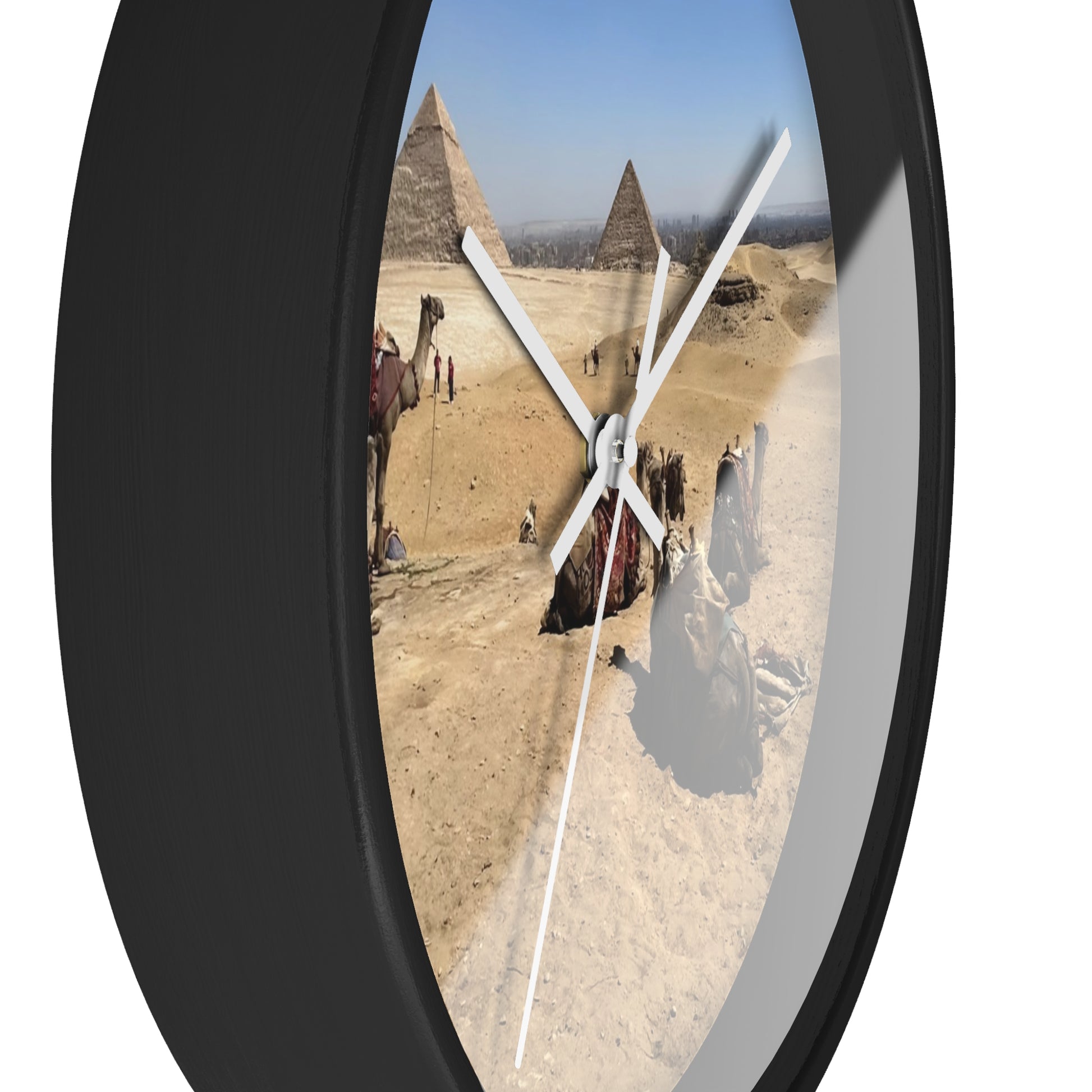 wall clock featuring camels resting in front of Pyramids of Giza, base: black, handles: white, size: 10''