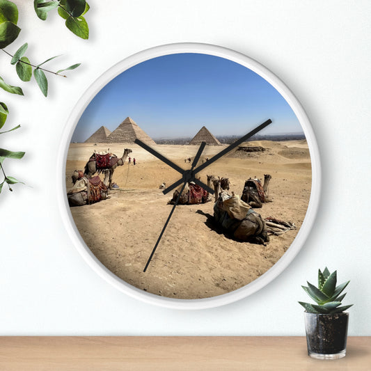 wall clock featuring camels resting in front of Pyramids of Giza, base: white, handles: black, size: 10''