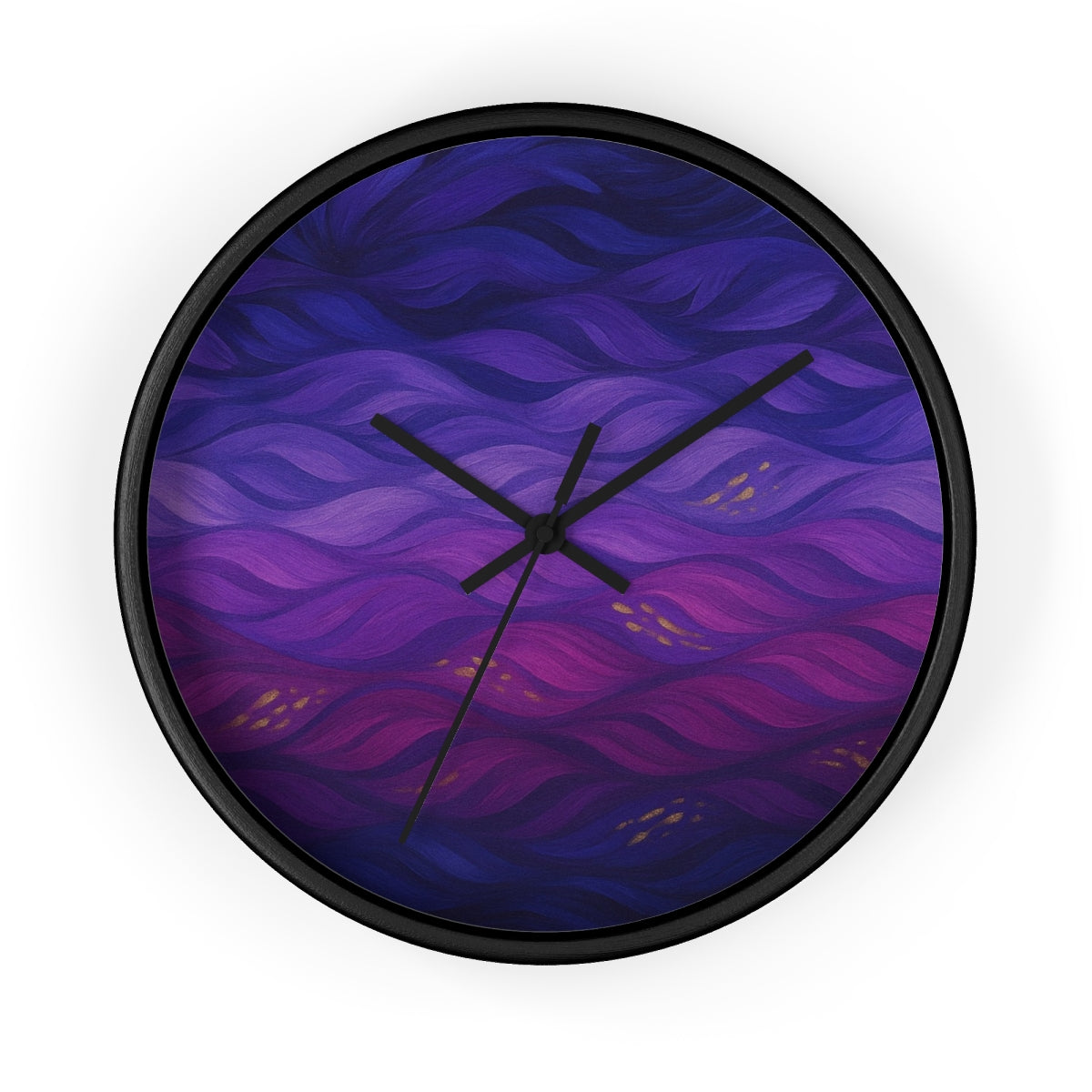 Round wooden wall clock with a painted black frame, black hour/minute/second hands, and a plexiglass face printed in deep purple and violet waves accented with gold flecks