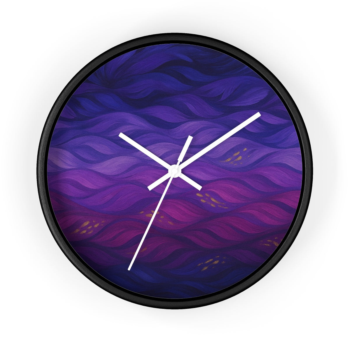 Round wooden clock featuring a painted black frame, white hour/minute/second hands, and a plexiglass face displaying deep purple and violet undulating waves with subtle gold highlights