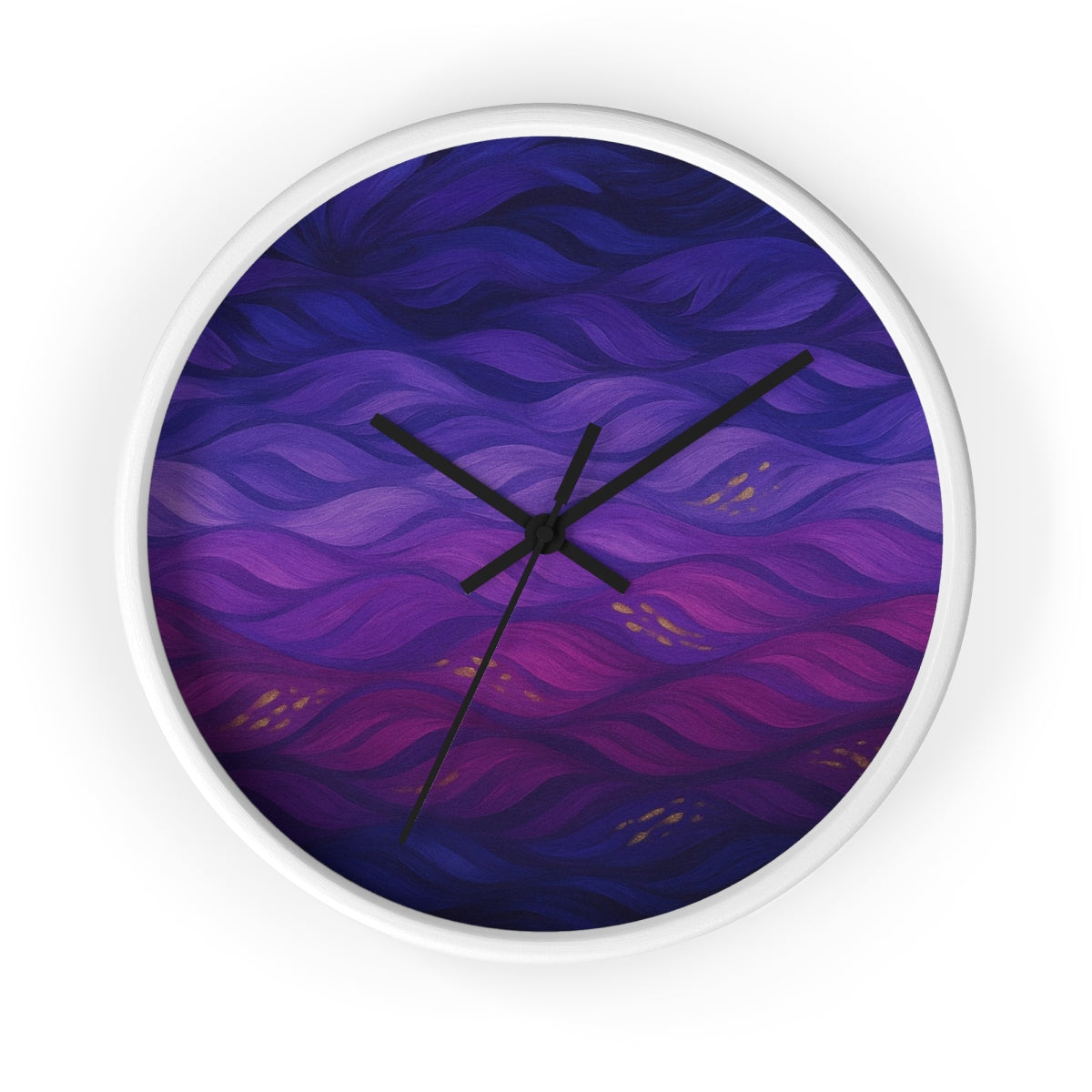 Round wooden wall clock with a painted white frame, black hour/minute/second hands, and a plexiglass face showing deep purple and violet wave forms with gold accents
