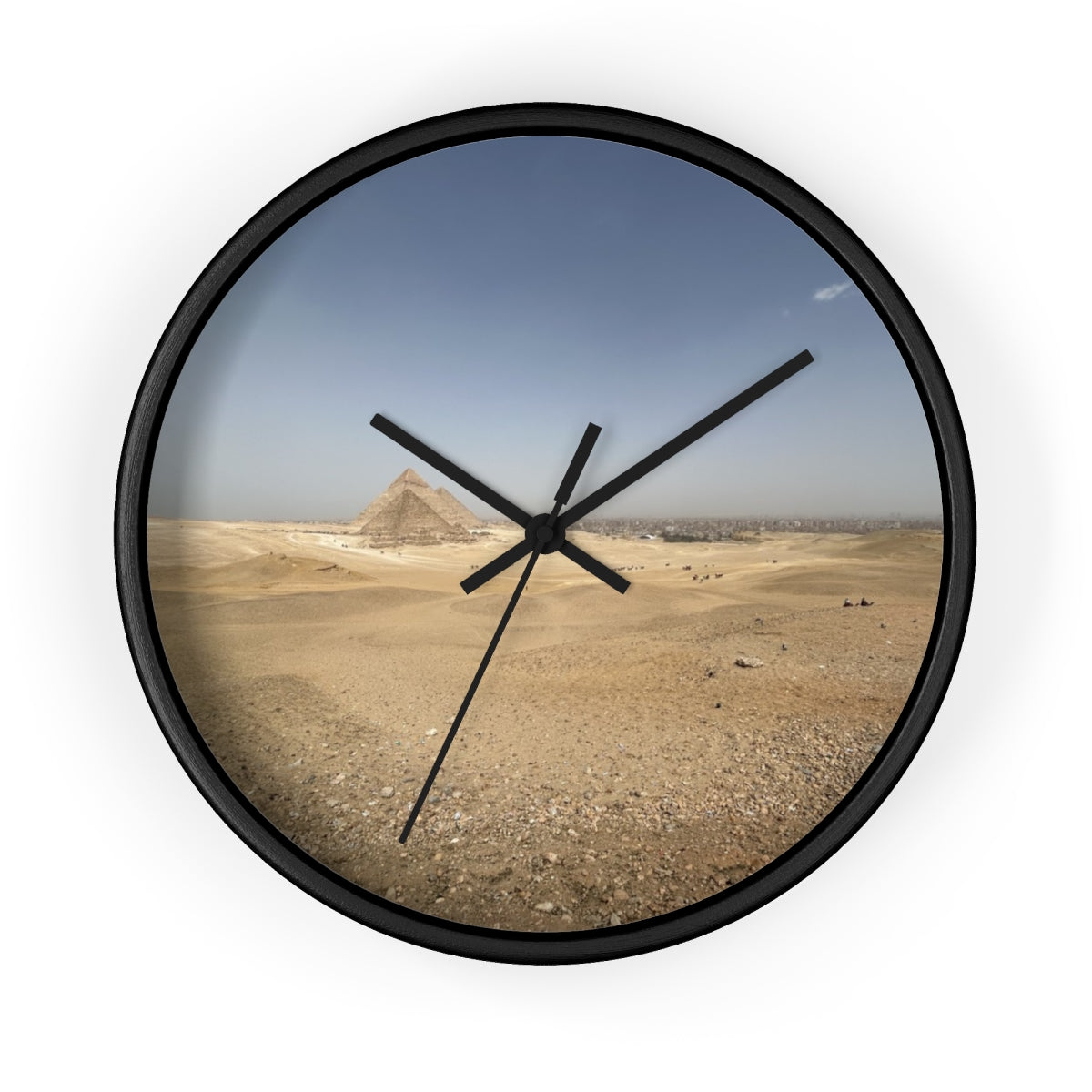 Wall clock featuring image of Pyramids of Giza, base: black, handles: black, size: 10’’