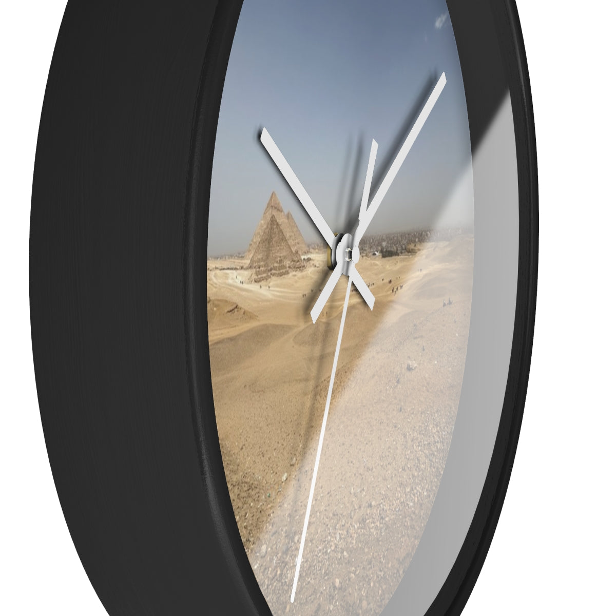 Wall clock featuring image of Pyramids of Giza, base: black, handles: white, size: 10’’