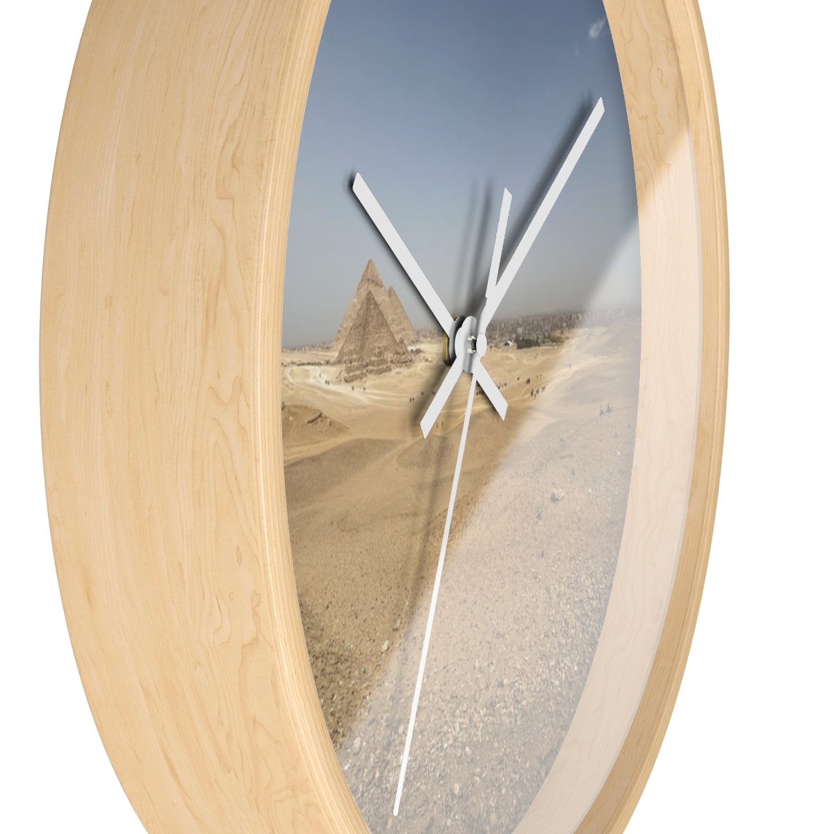 Wall clock featuring image of Pyramids of Giza, base: wooden, handles: white, size: 10’’