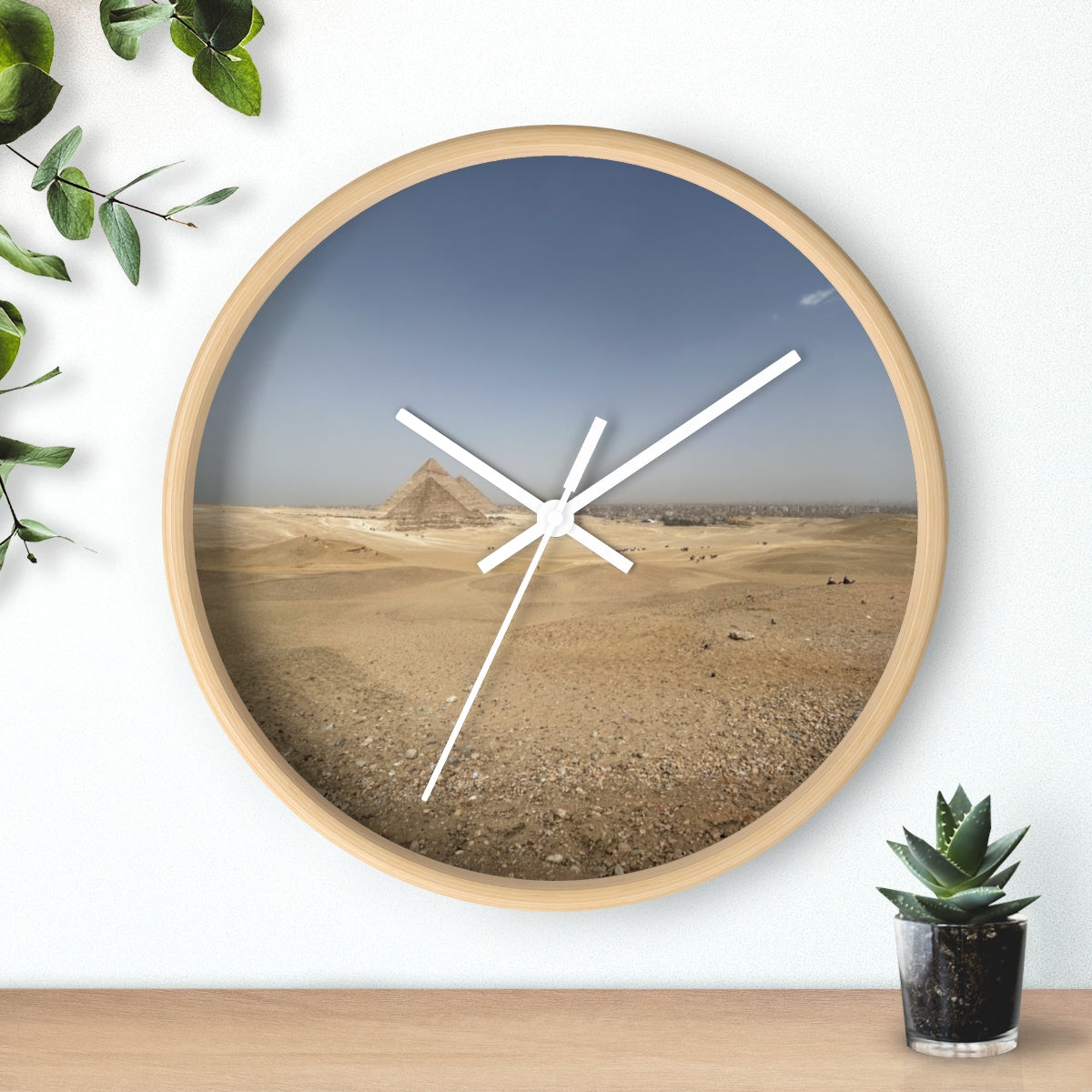 Wall clock featuring image of Pyramids of Giza, base: wooden, handles: white, size: 10’’