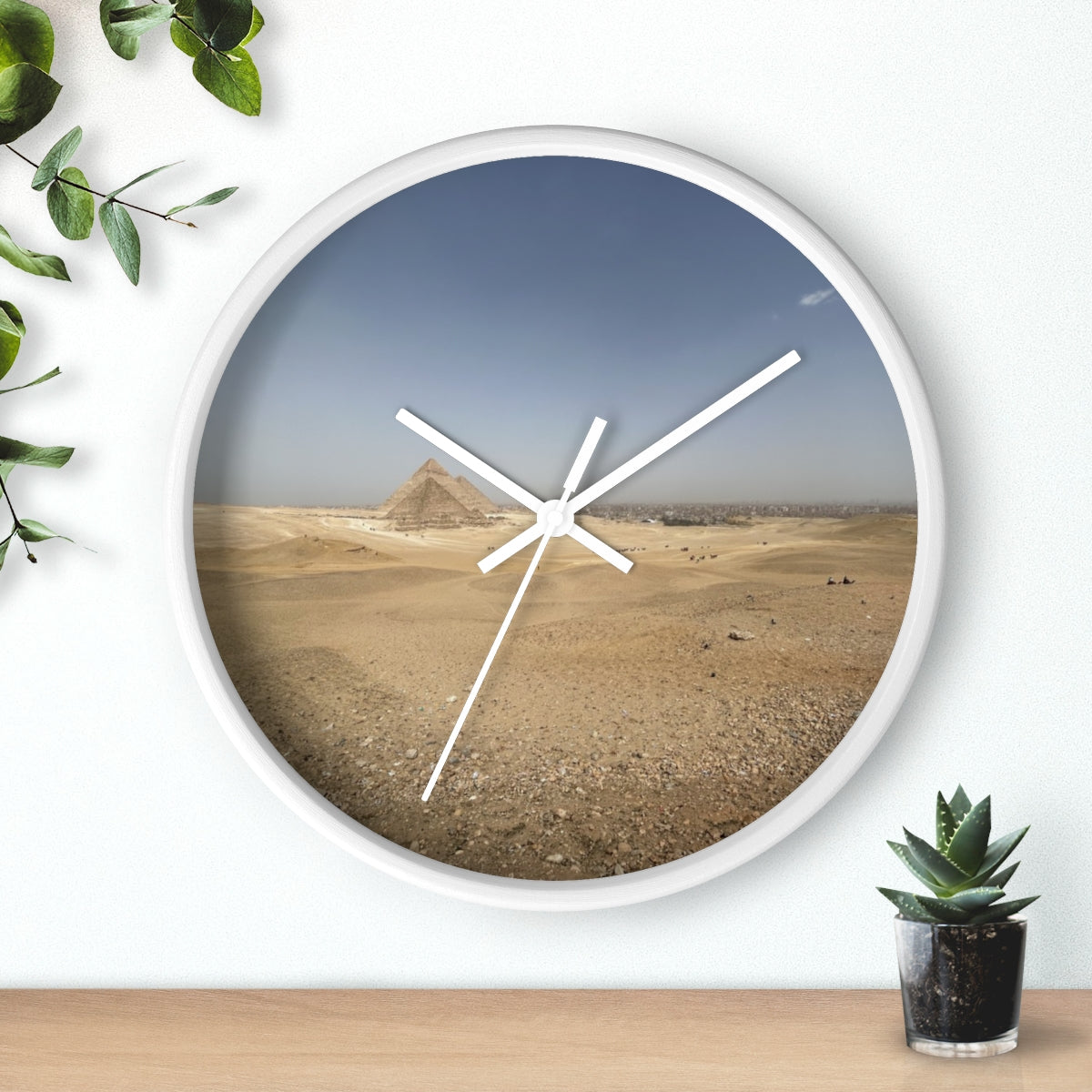 Wall clock featuring image of Pyramids of Giza, base: white, handles: white, size: 10’’