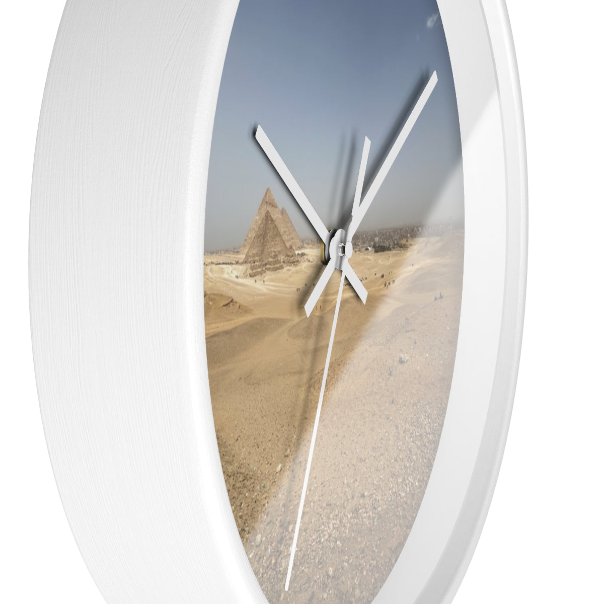 Wall clock featuring image of Pyramids of Giza, base: white, handles: white, size: 10’’