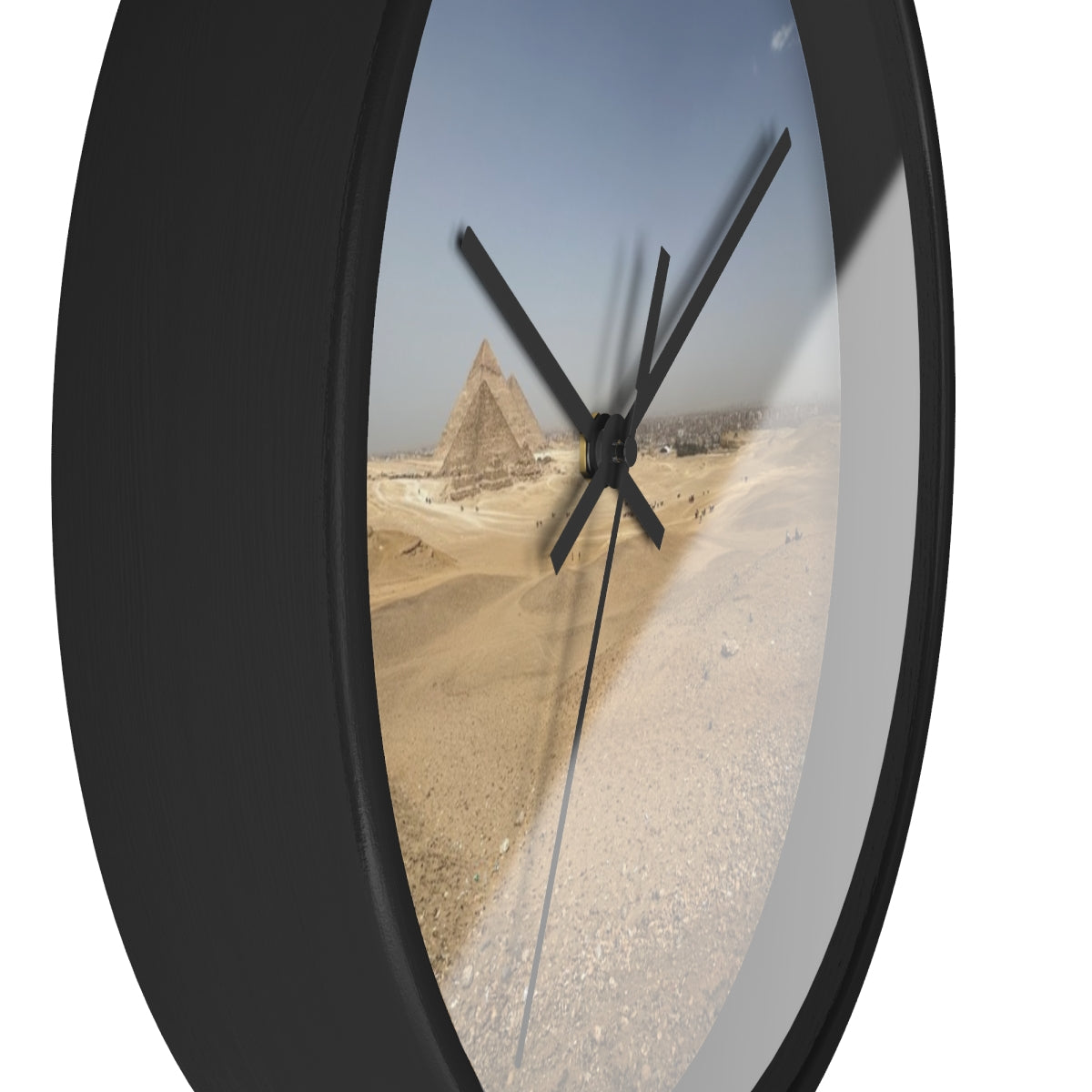 Wall clock featuring image of Pyramids of Giza, base: black, handles: black, size: 10’’