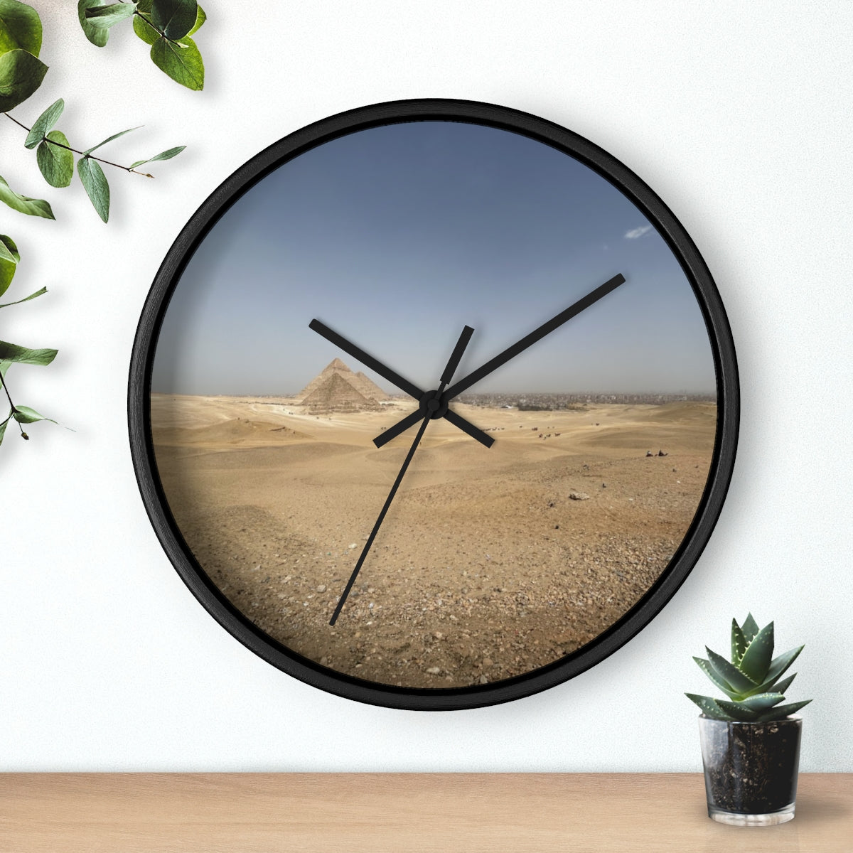 Wall clock featuring image of Pyramids of Giza, base: black, handles: black, size: 10’’